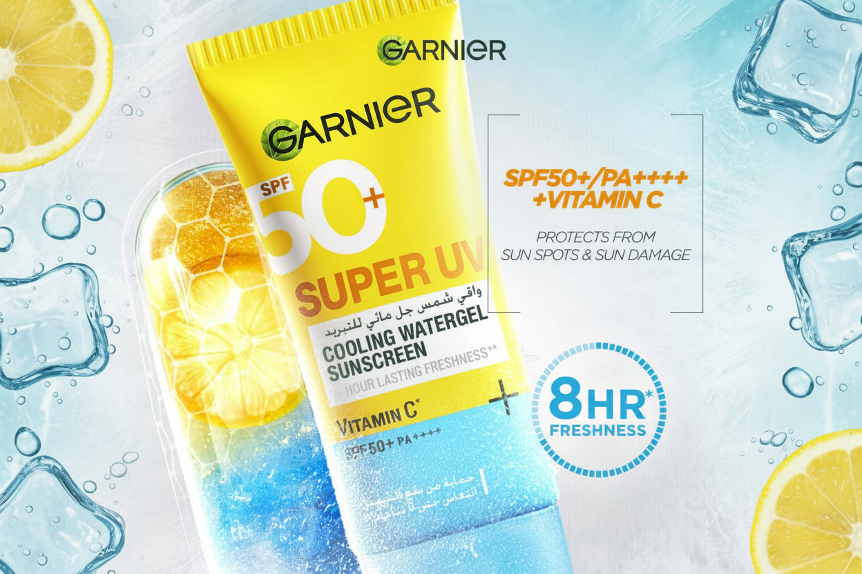 Garnier Super UV Cooling Watergel Sunscreen packaging with lemon slices on a light blue background