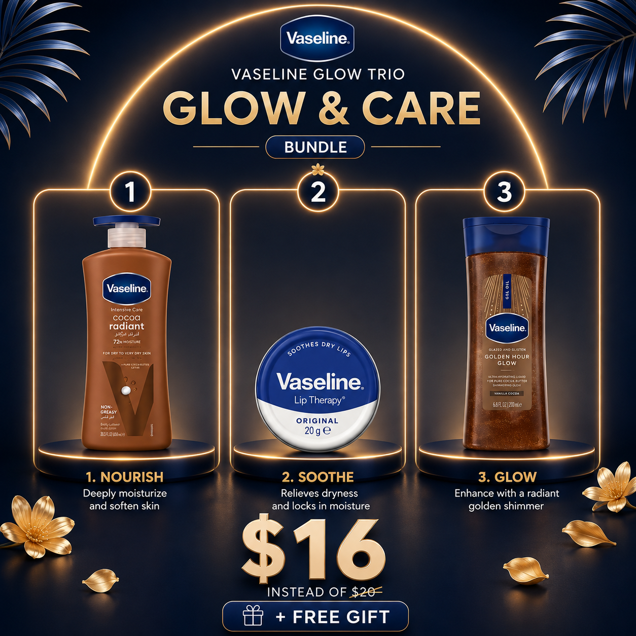 Vaseline Glow & Care Bundle Set (Cocoa Body Lotion 400ml + Lip Balm + Glazed Shimmer Body oil