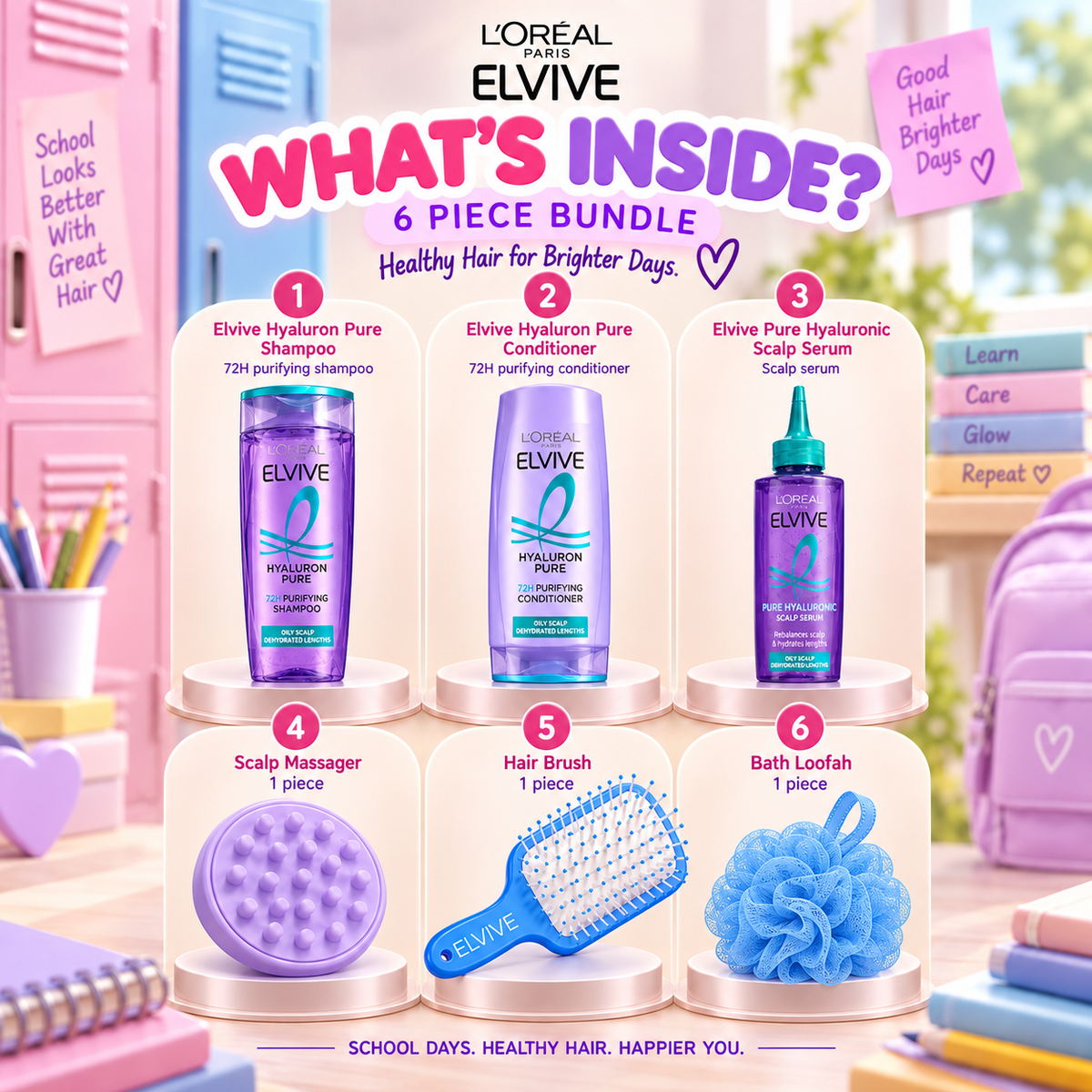 L'Oréal Elvive Hyaluron Pure Back-to-School Scalp & Hair Care Bundle(6PCS)