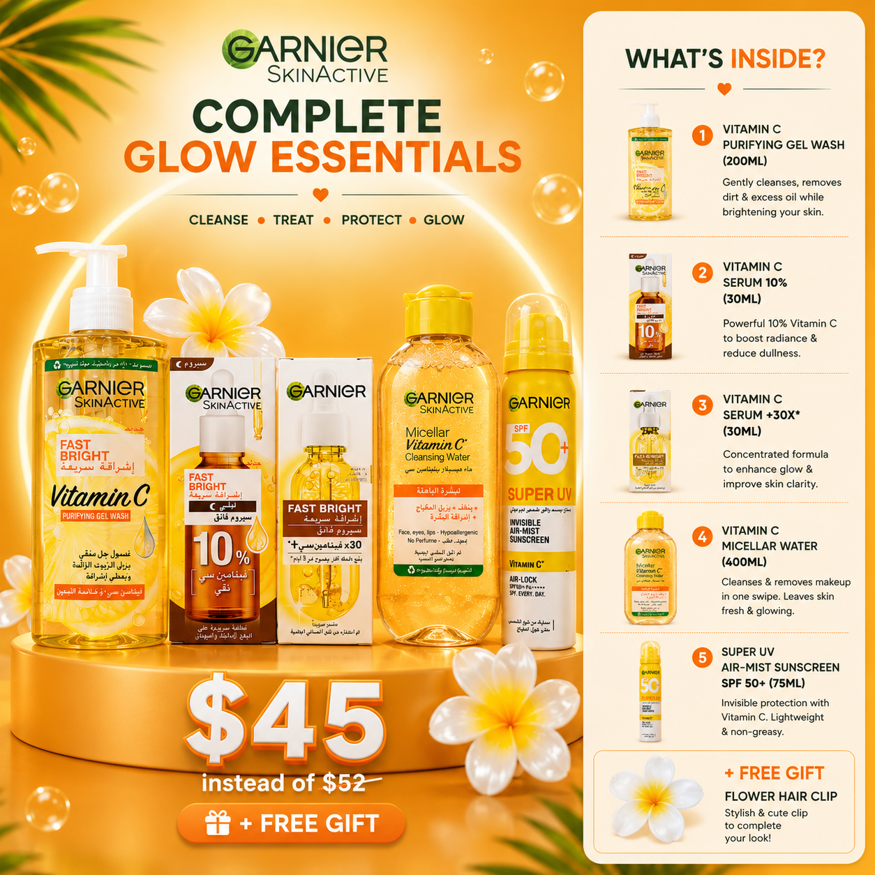 Garnier Fast Bright Complete Skincare Collection – Vitamin C Wash, Night & Booster Serums, Sunscreen Mist, Cleansing Water & Free Gift Set