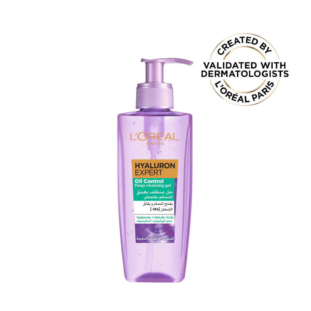 L'Oréal Paris Hyaluron Expert Oil Control Deep Cleansing and Hydrating Gel, With Hyaluronic Acid and Salicylic Acid, for Combination to Oily Skin - 200ml