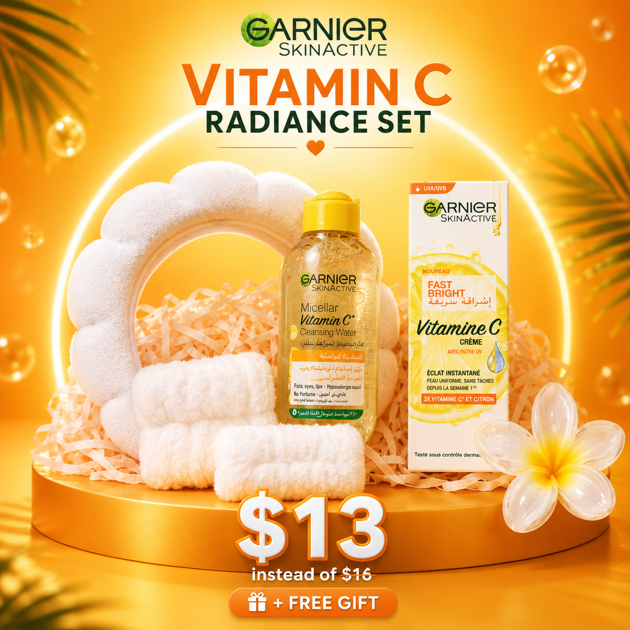 Garnier Fast Bright Ultimate Skincare Collection – Vitamin C Cream, Cleansing Water & 4-Piece Spa Gift Set