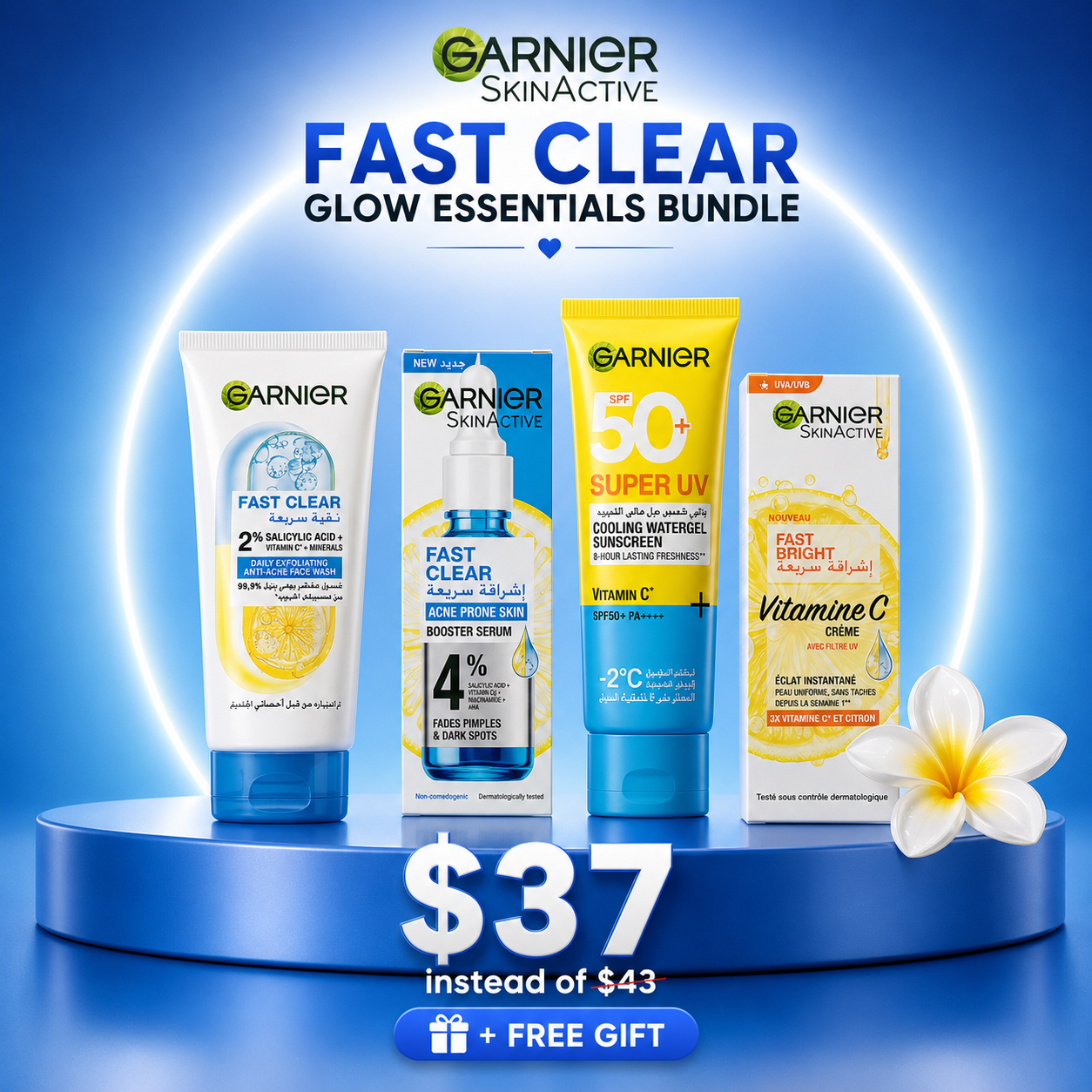 The Complete Garnier Fast Clear & Bright Daily Glow Routine Bundle for Blemish-Prone Skin