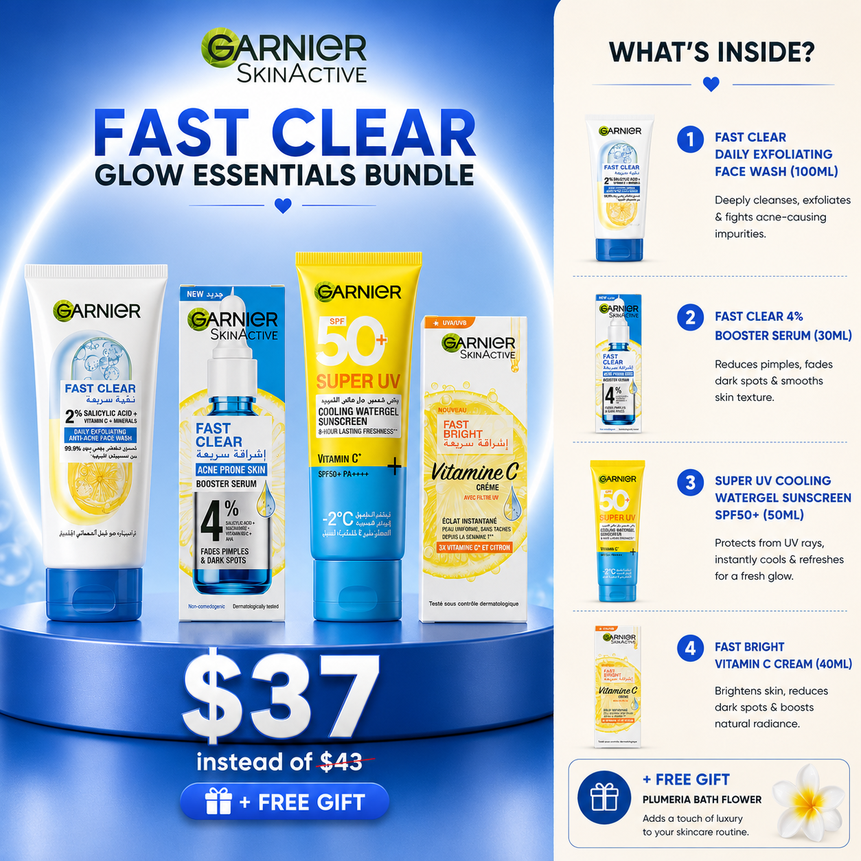 The Complete Garnier Fast Clear & Bright Daily Glow Routine Bundle for Blemish-Prone Skin