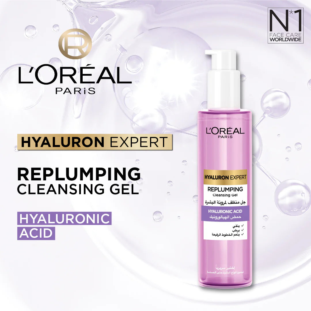 L'Oréal Paris Hyaluron Expert Replumping Cleansing Gel, with Hyaluronic Acid, to Replump, Purify and Hydrate, for All Skin Types Including Sensitive, 150ml