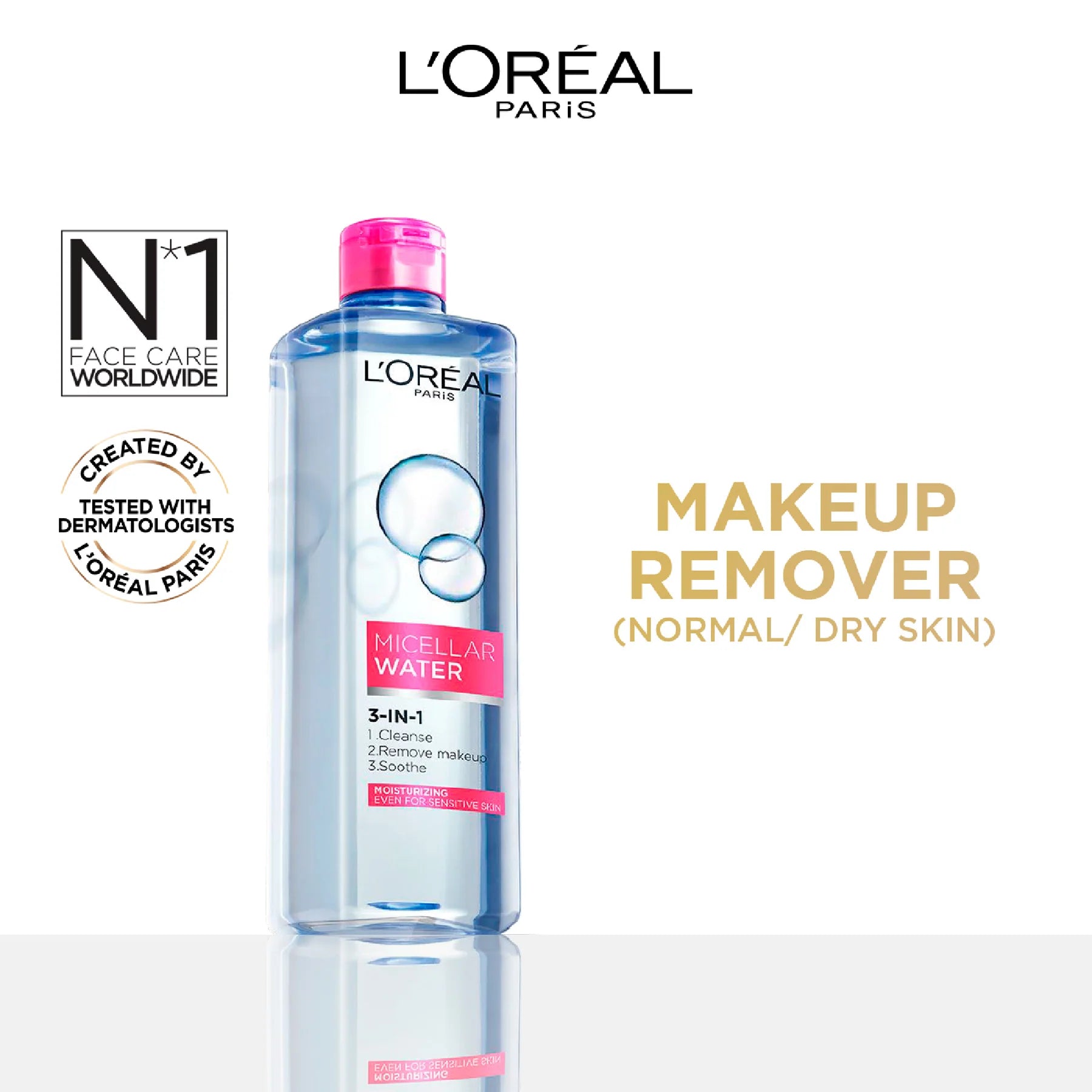 L'Oréal Paris 3-in-1 Refreshing and Moisturizing Micellar Water, Cleanse, Remove Makeup and Soothe, for Sensitive and Normal to Dry Skin, 400ml