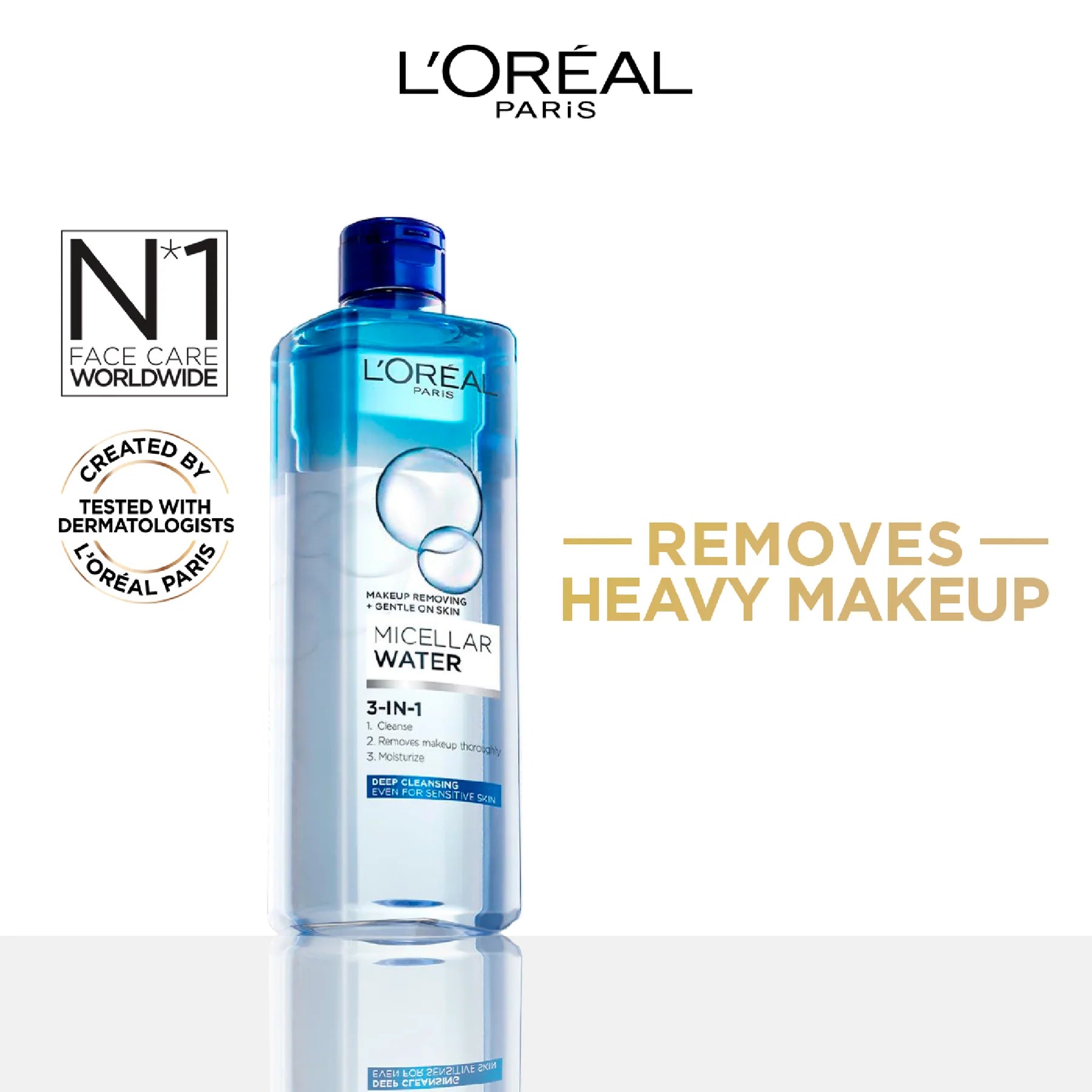 L'Oréal Paris 3-in-1 Bi-Phase Micellar Water, Deeply Cleanse, Remove Water Proof Makeup and Soothe, for All Skin Types and Sensitive Skin, 400ml