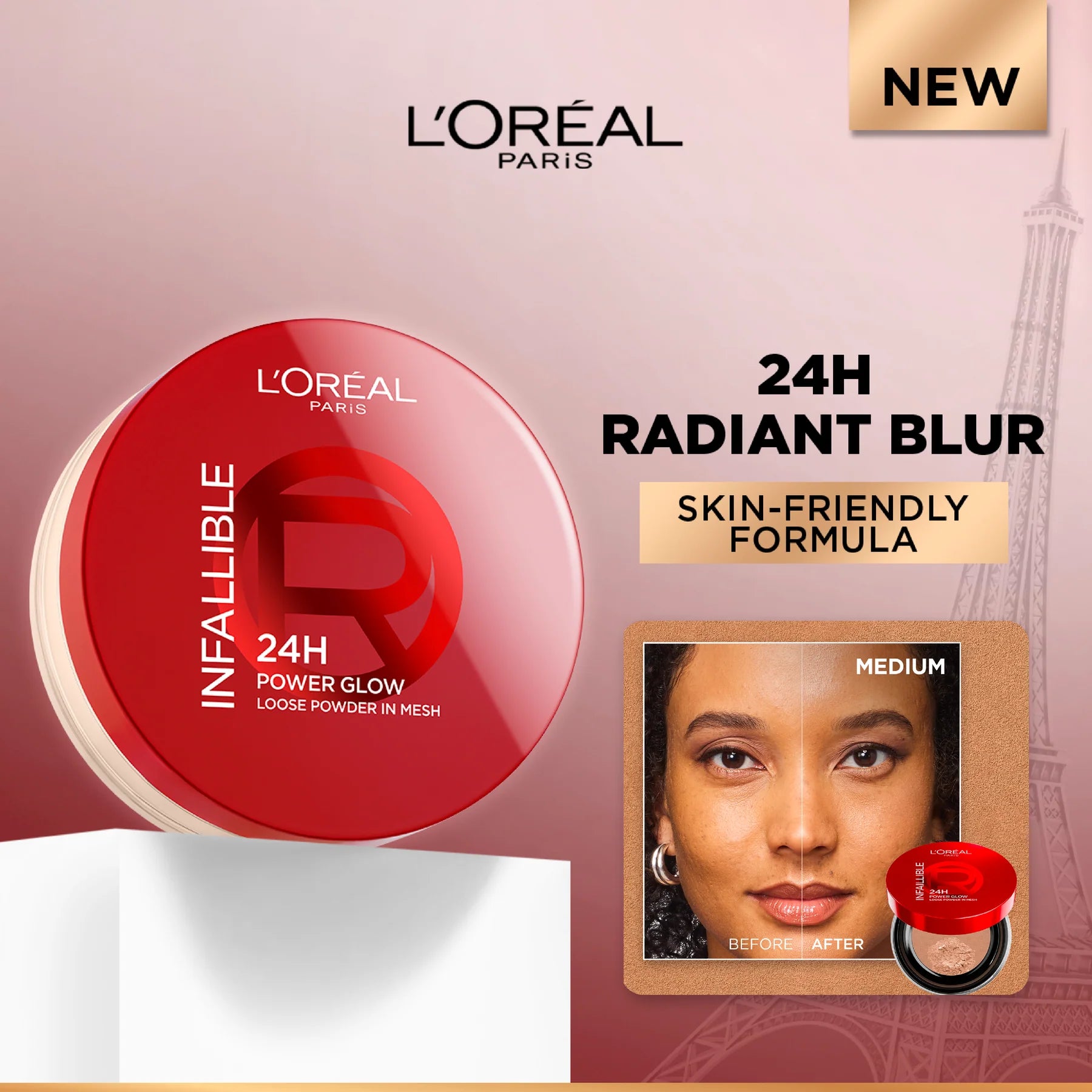 L’Oréal Paris Infaillible 24H Power Glow Loose Powder in Mesh, Pore Blurring, Radiant Glow, and Hydrating Formula