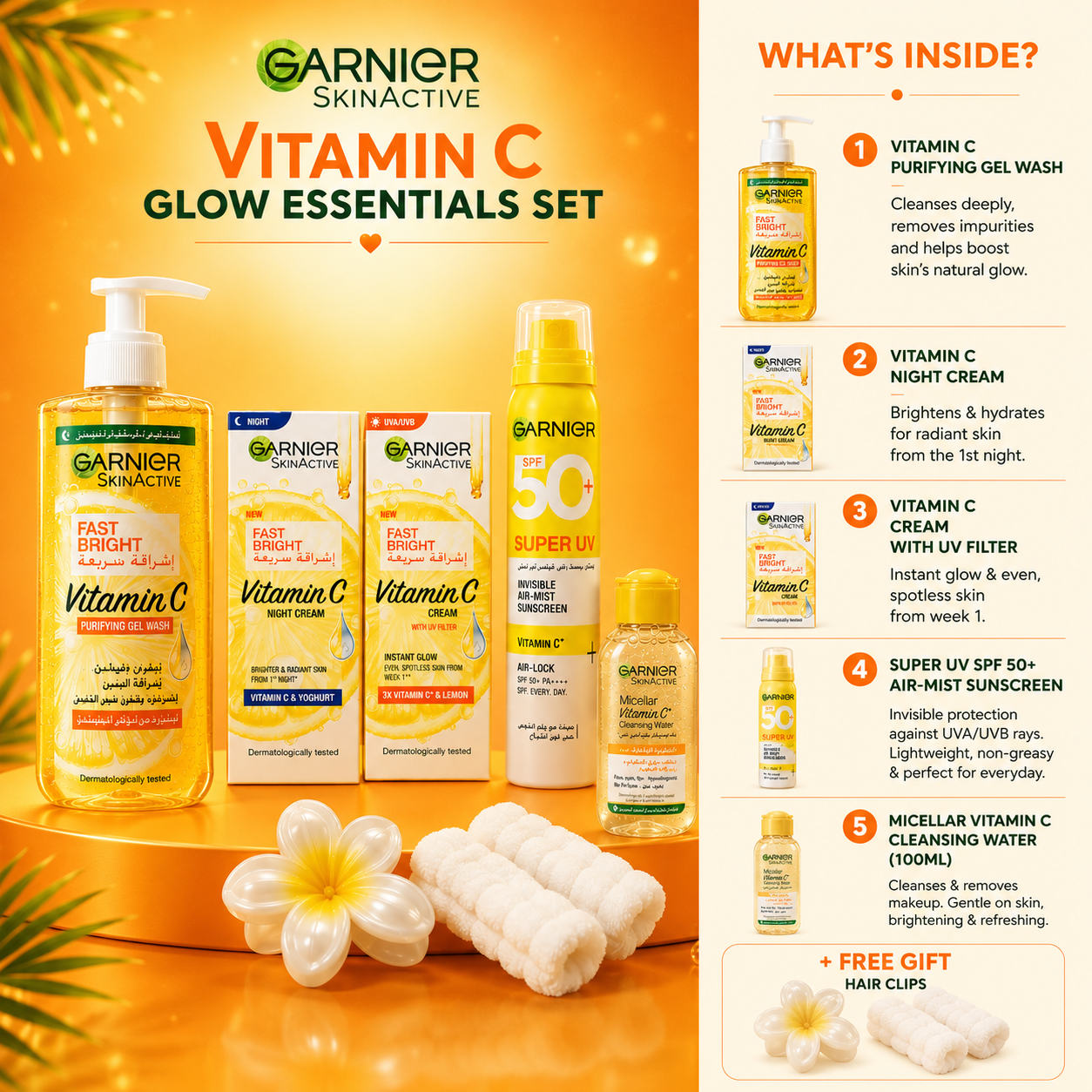 Garnier Fast Bright Ultimate Brightening Regimen – Day & Night Creams, Sunscreen Mist, Micellar Water & Free Gift Set