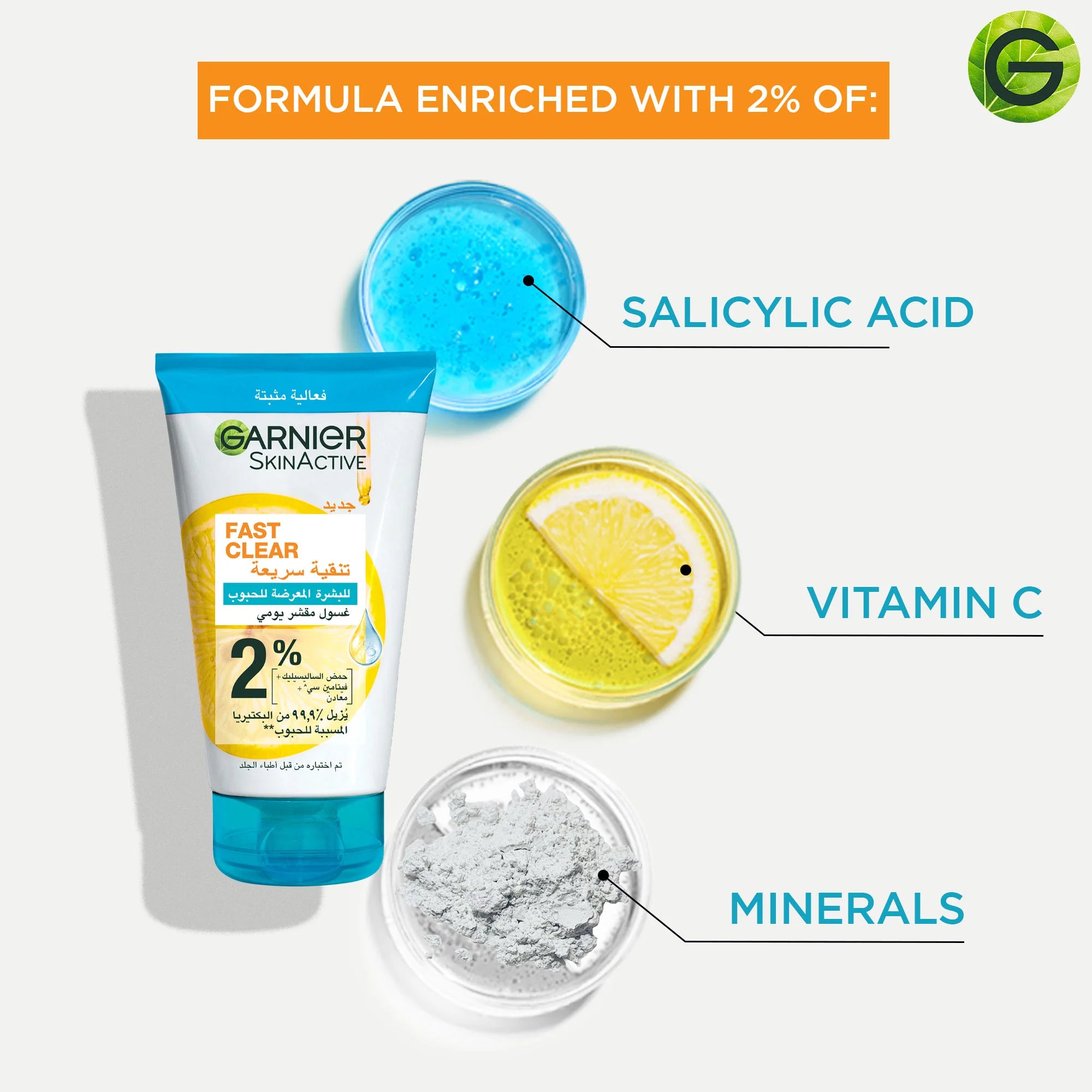 Garnier Fast Clear [2%] Salicylic Acid & Vitamin C - 3-in-1 Anti-Acne Exfoliating Wash 150ml