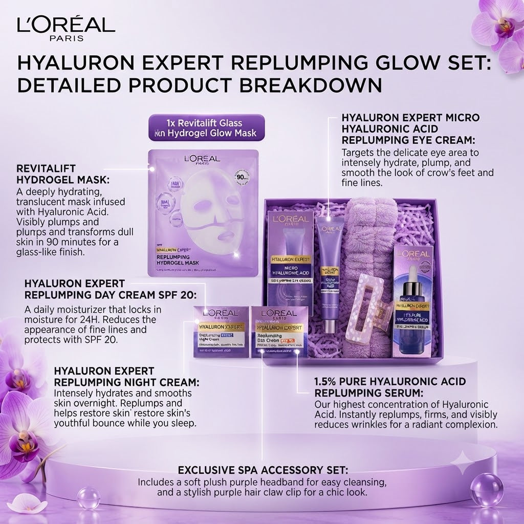L'Oréal Paris Hyaluron Expert Complete Day & Night Hydration Bundle – Anti-Aging Regimen with Day Cream, Night Cream, Replumping Serum, Eye Cream, Sheet Mask & Accessories