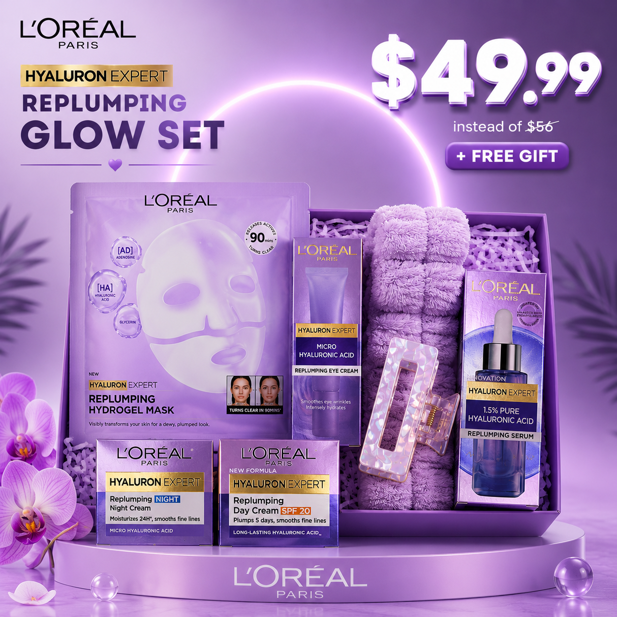 L'Oréal Paris Hyaluron Expert Complete Day & Night Hydration Bundle – Anti-Aging Regimen with Day Cream, Night Cream, Replumping Serum, Eye Cream, Sheet Mask & Accessories