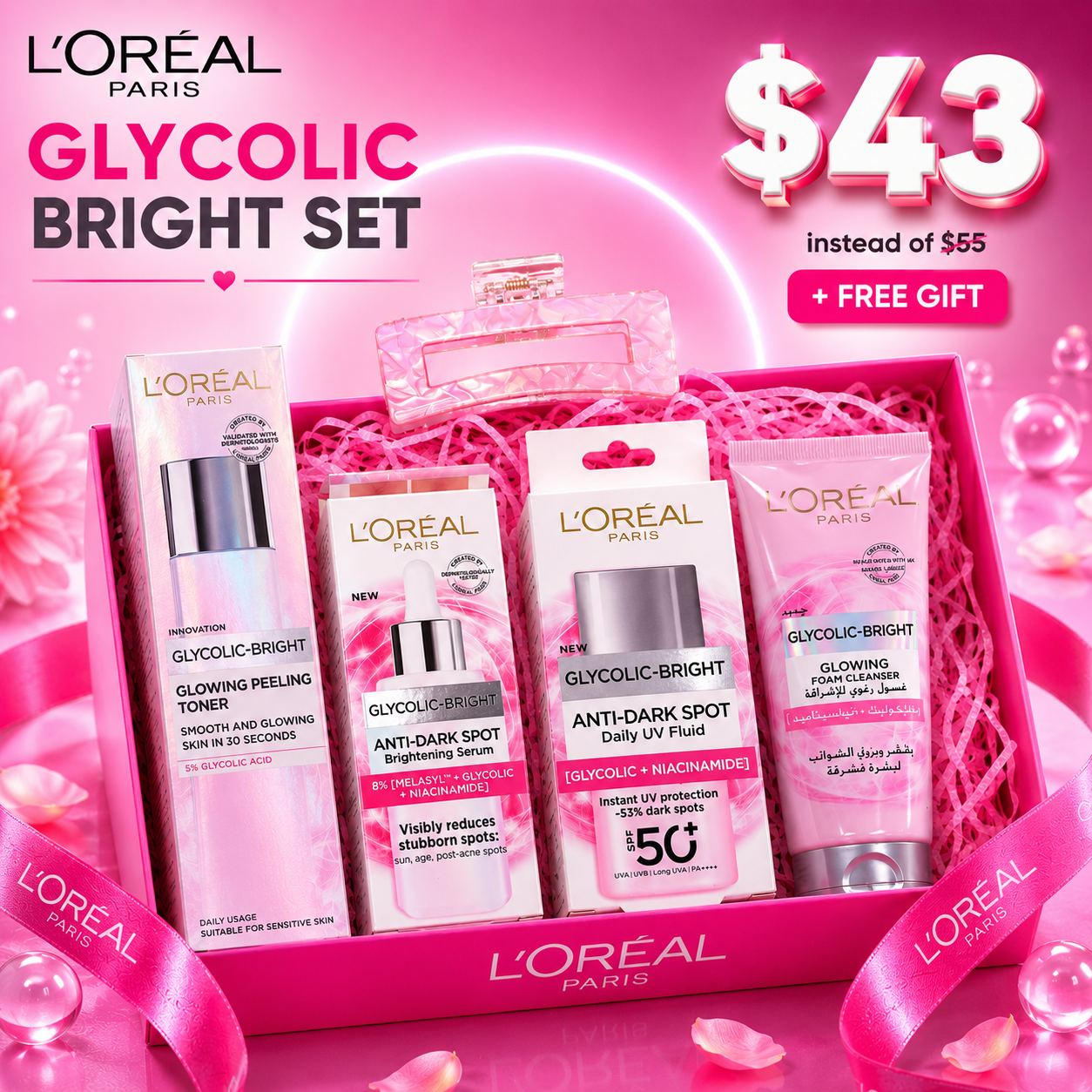 L'Oréal Paris Glycolic Bright Complete Skincare Set with Peeling Toner, Anti-Dark Spot Serum, Daily UV Fluid SPF 50+, Cleanser & Free Gift
