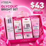 L'Oréal Paris Glycolic Bright Complete Skincare Set with Peeling Toner, Anti-Dark Spot Serum, Daily UV Fluid SPF 50+, Cleanser & Free Gift