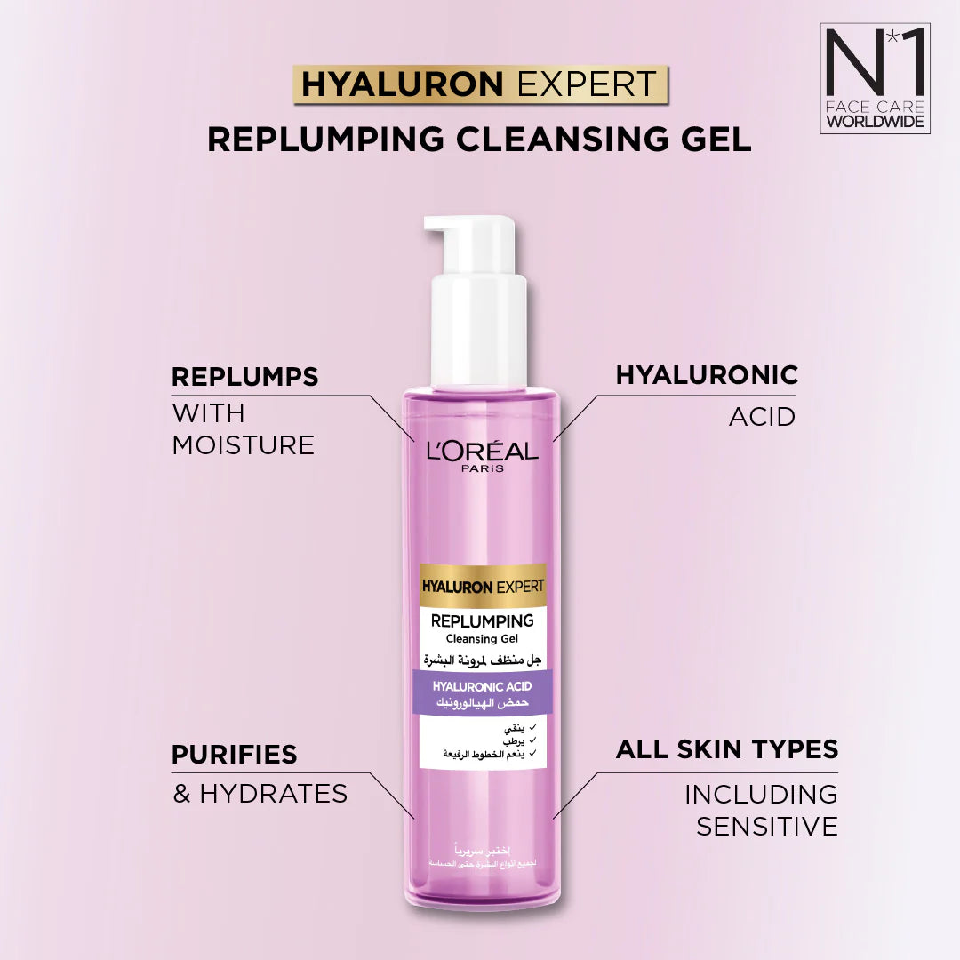 L'Oréal Paris Hyaluron Expert Replumping Cleansing Gel, with Hyaluronic Acid, to Replump, Purify and Hydrate, for All Skin Types Including Sensitive, 150ml