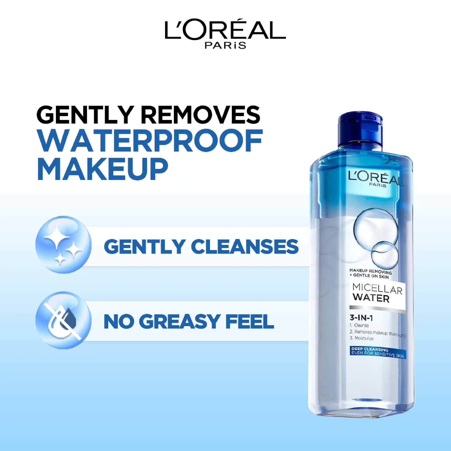 L'Oréal Paris 3-in-1 Bi-Phase Micellar Water, Deeply Cleanse, Remove Water Proof Makeup and Soothe, for All Skin Types and Sensitive Skin, 400ml