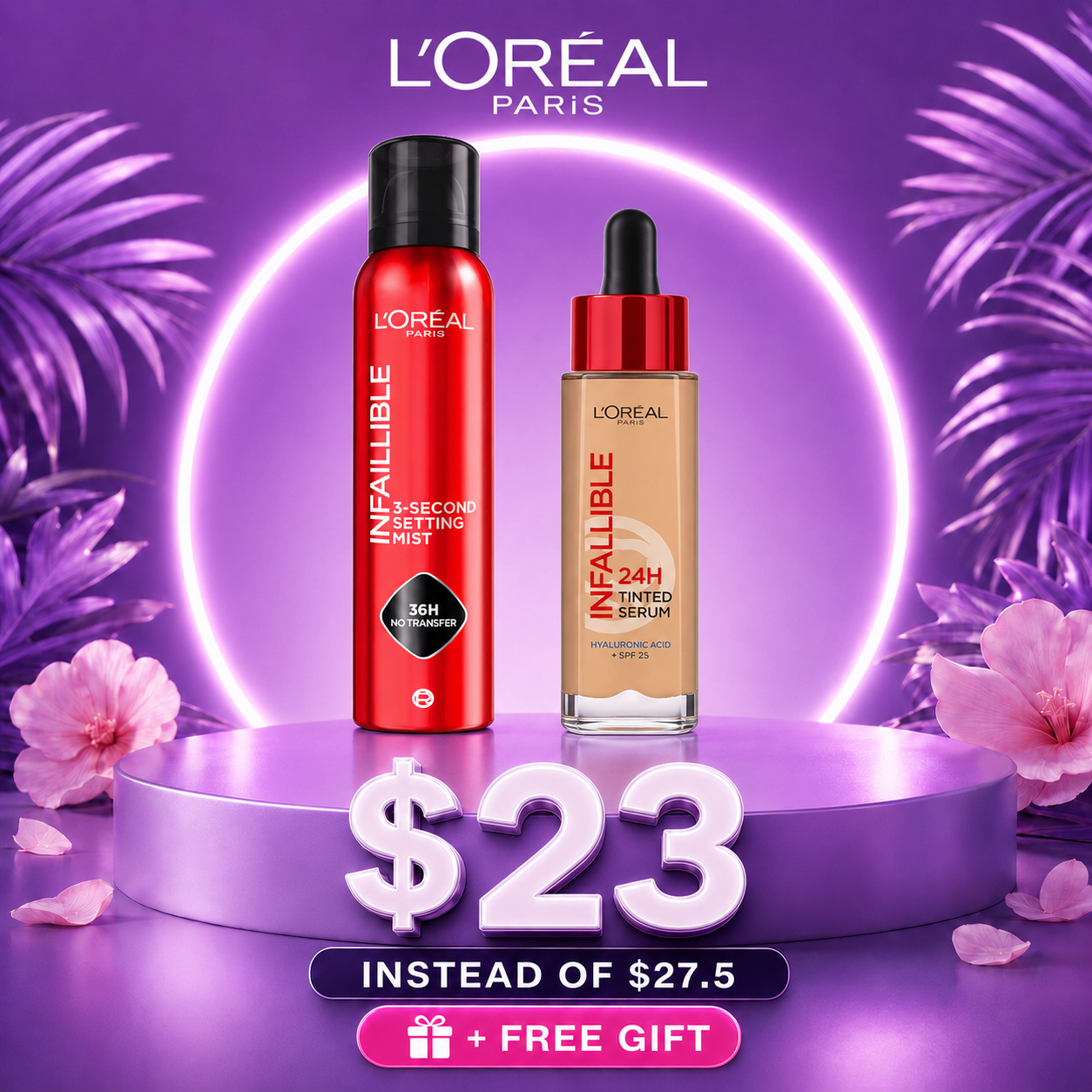 L'Oréal Paris Infallible 3 Seconds Makeup Setting MistXL'Oréal Paris Infallible 24H Tinted Serum With 1% Hyaluronic Acid For Radiant Hydrated Skin, Light To Medium Coverage, 30ml