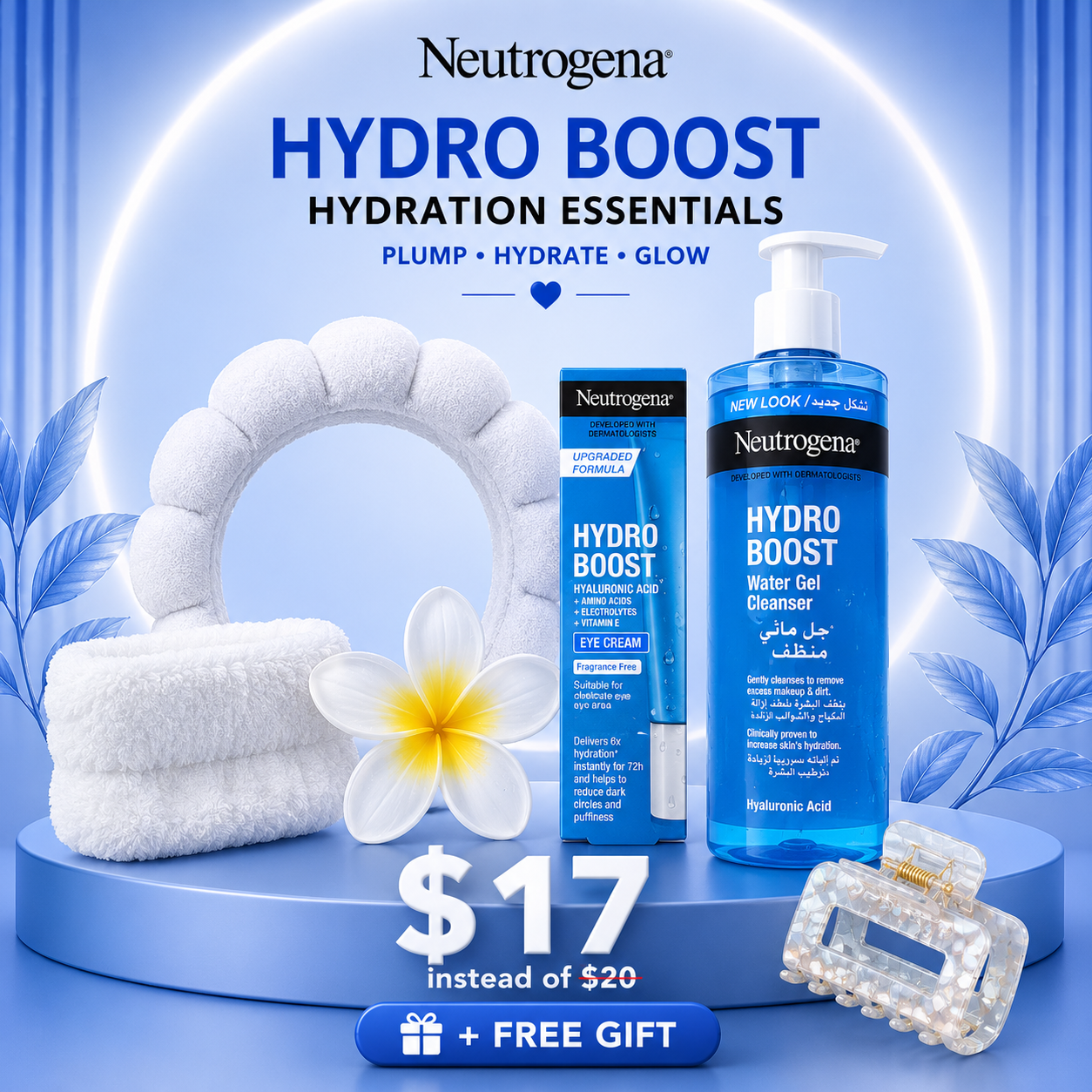 Neutrogena Hydro Boost Gentle Hydration Bundle – Cleanser, Eye Cream & Luxury Spa Accessory Kit