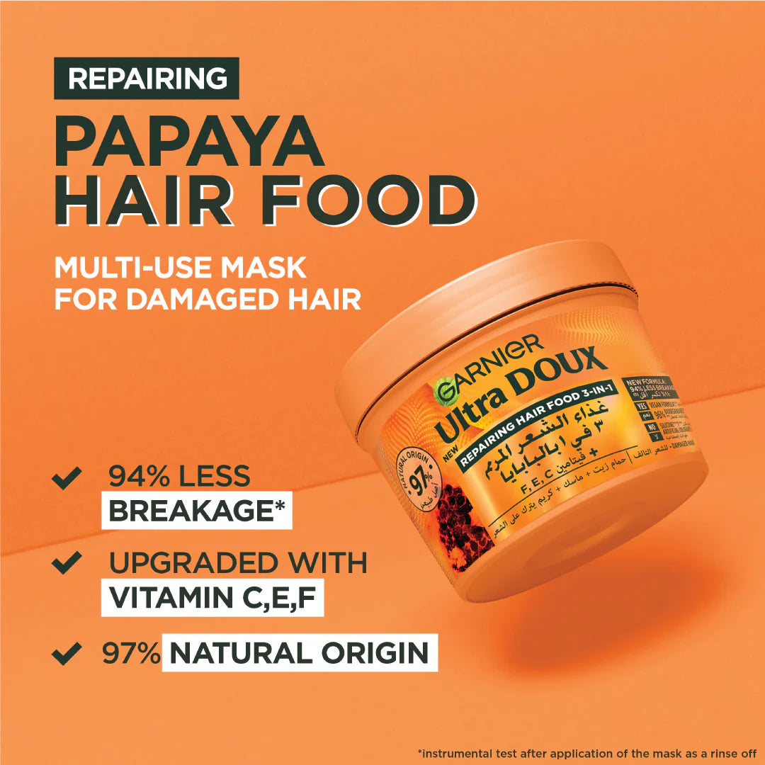 Garnier Ultra Doux Papaya Vegan Hair Food 3in1 Mask for damaged hair, Boosted with Vitamins C, E & F