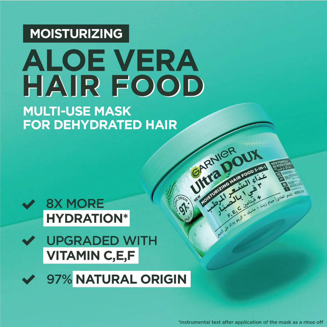 Garnier Ultra Doux Aloe Vera Vegan Hair Food 3in1 Mask For Dehydrated Hair, Boosted With Vitamins C, E & F