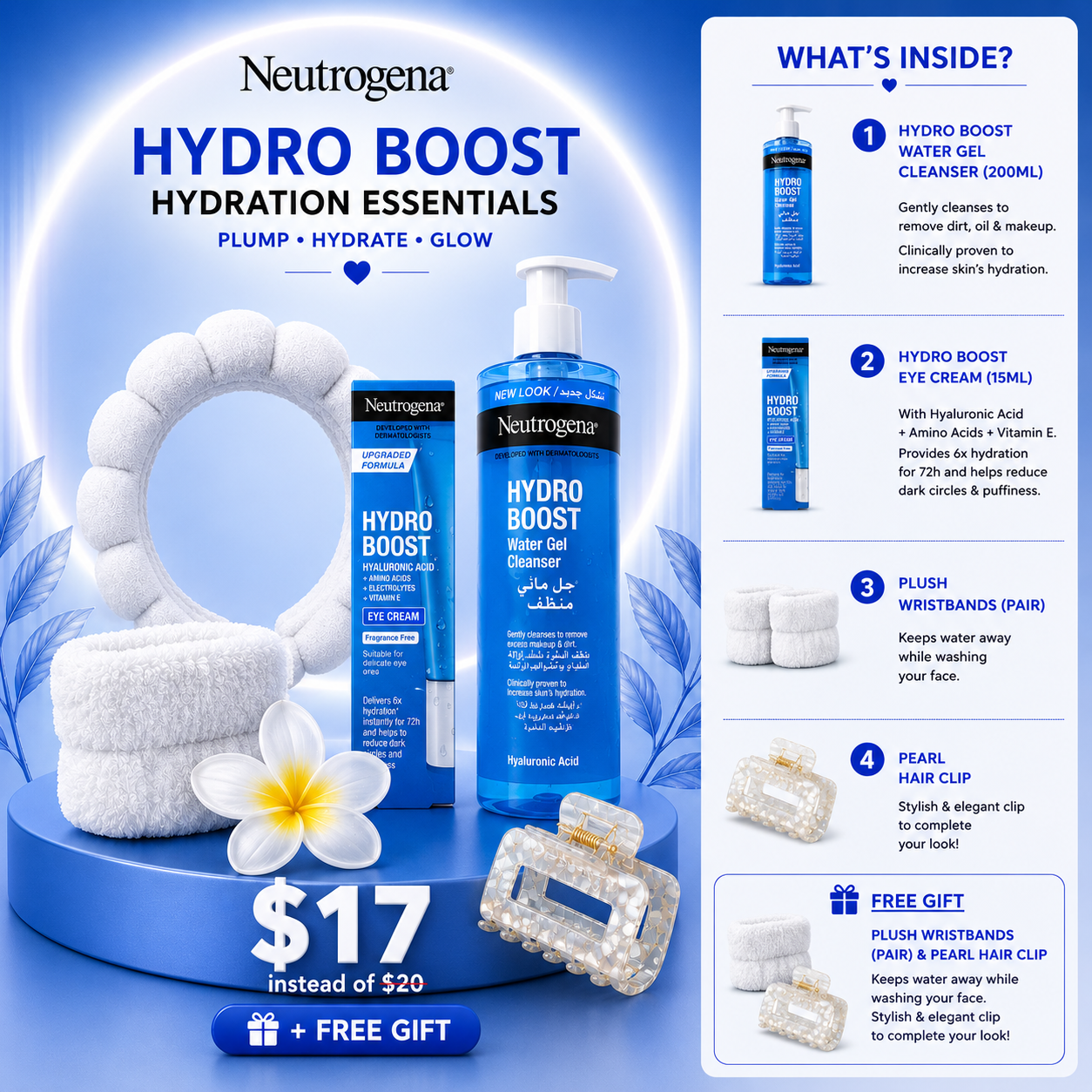 Neutrogena Hydro Boost Gentle Hydration Bundle – Cleanser, Eye Cream & Luxury Spa Accessory Kit