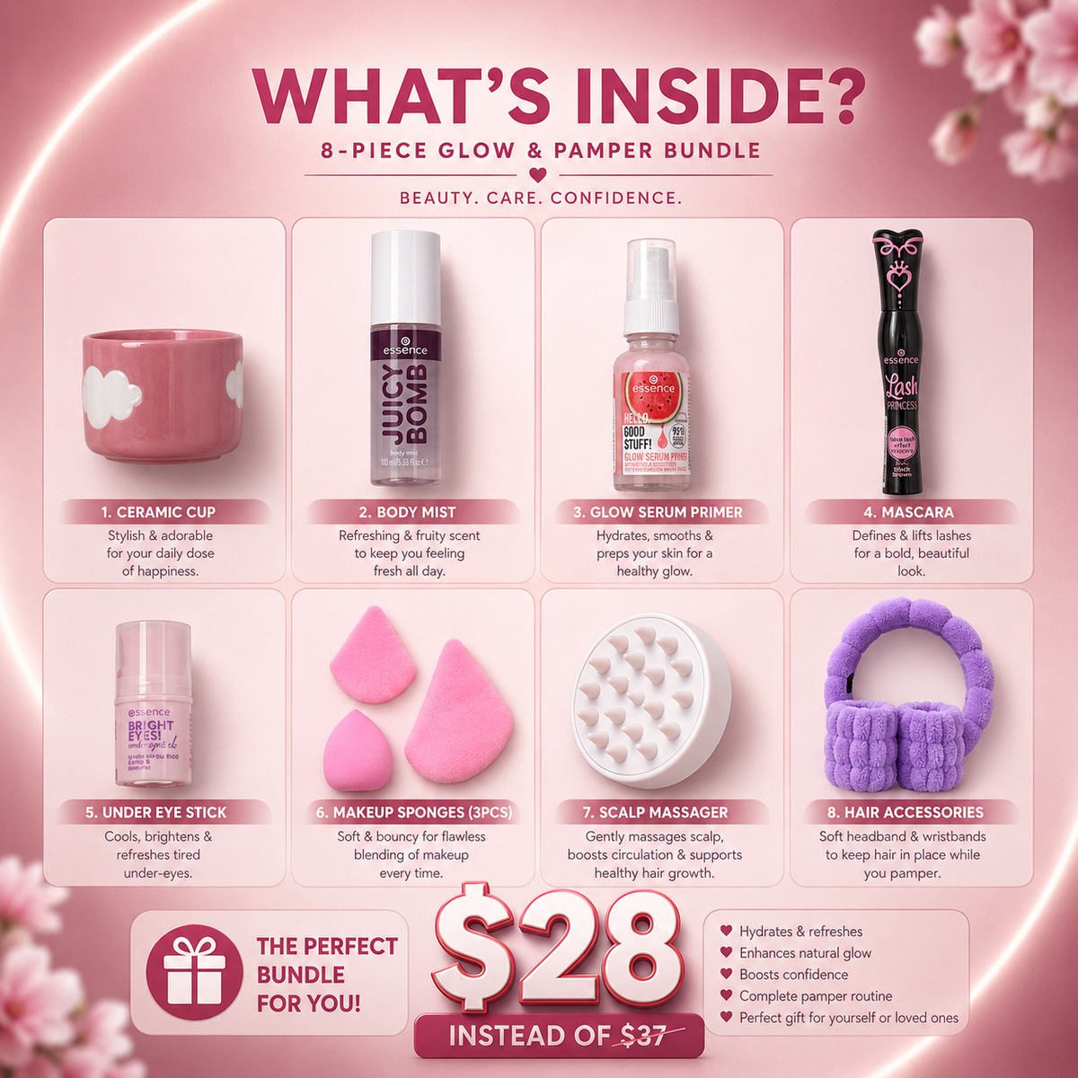 Essence Glow & Pamper Essentials – 8-Piece Daily Beauty & Skincare Kit