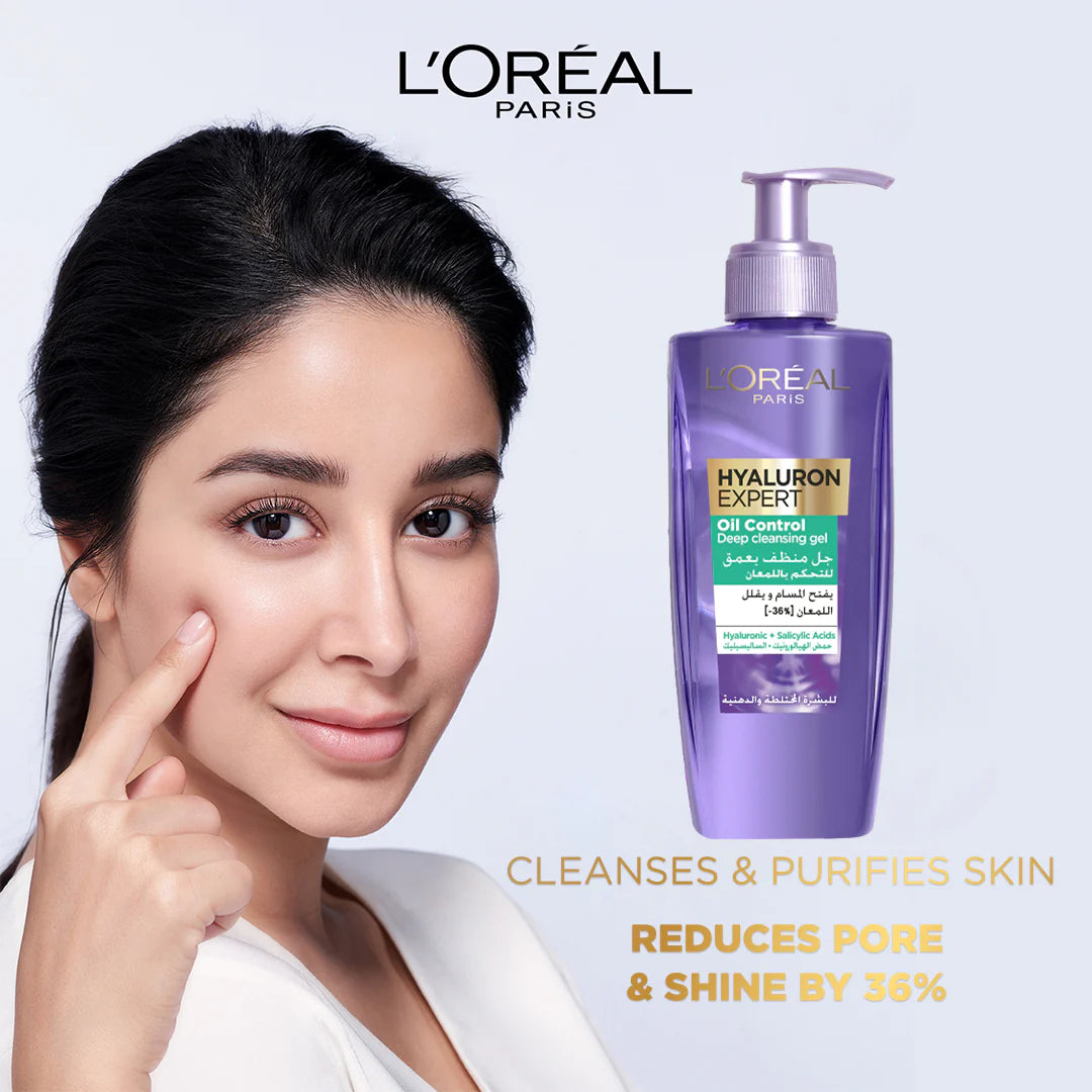 L'Oréal Paris Hyaluron Expert Oil Control Deep Cleansing and Hydrating Gel, With Hyaluronic Acid and Salicylic Acid, for Combination to Oily Skin - 200ml