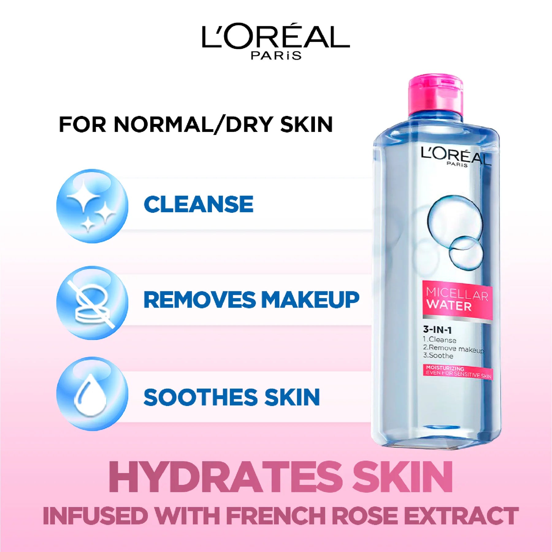 L'Oréal Paris 3-in-1 Refreshing and Moisturizing Micellar Water, Cleanse, Remove Makeup and Soothe, for Sensitive and Normal to Dry Skin, 400ml