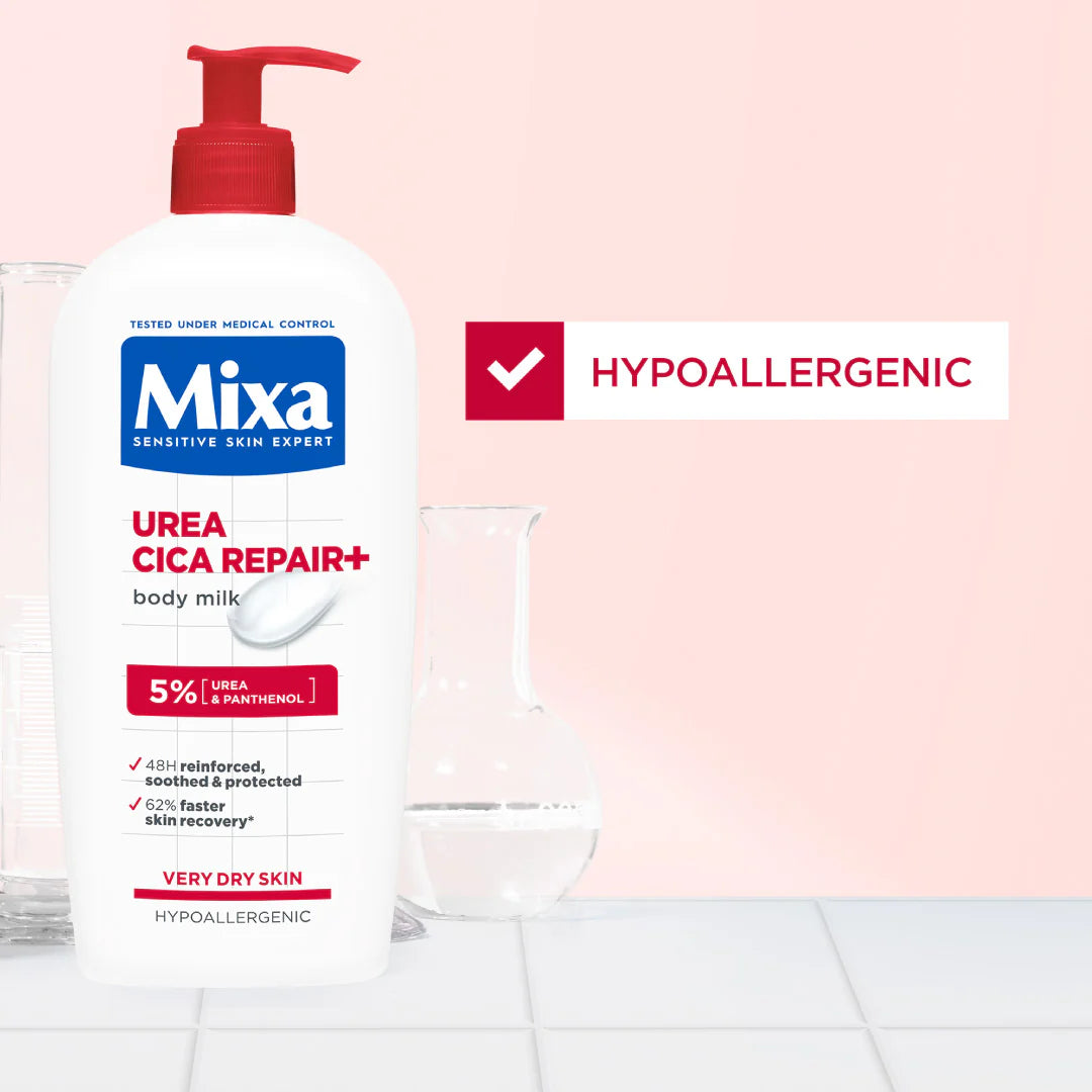 Mixa Urea Cica Repair+ Body Lotion For Keratosis Pilaris, Dry, Flaky, Strawberry, Rough, & Fragile Skin & Tiny Reddish Bumps 400 ml