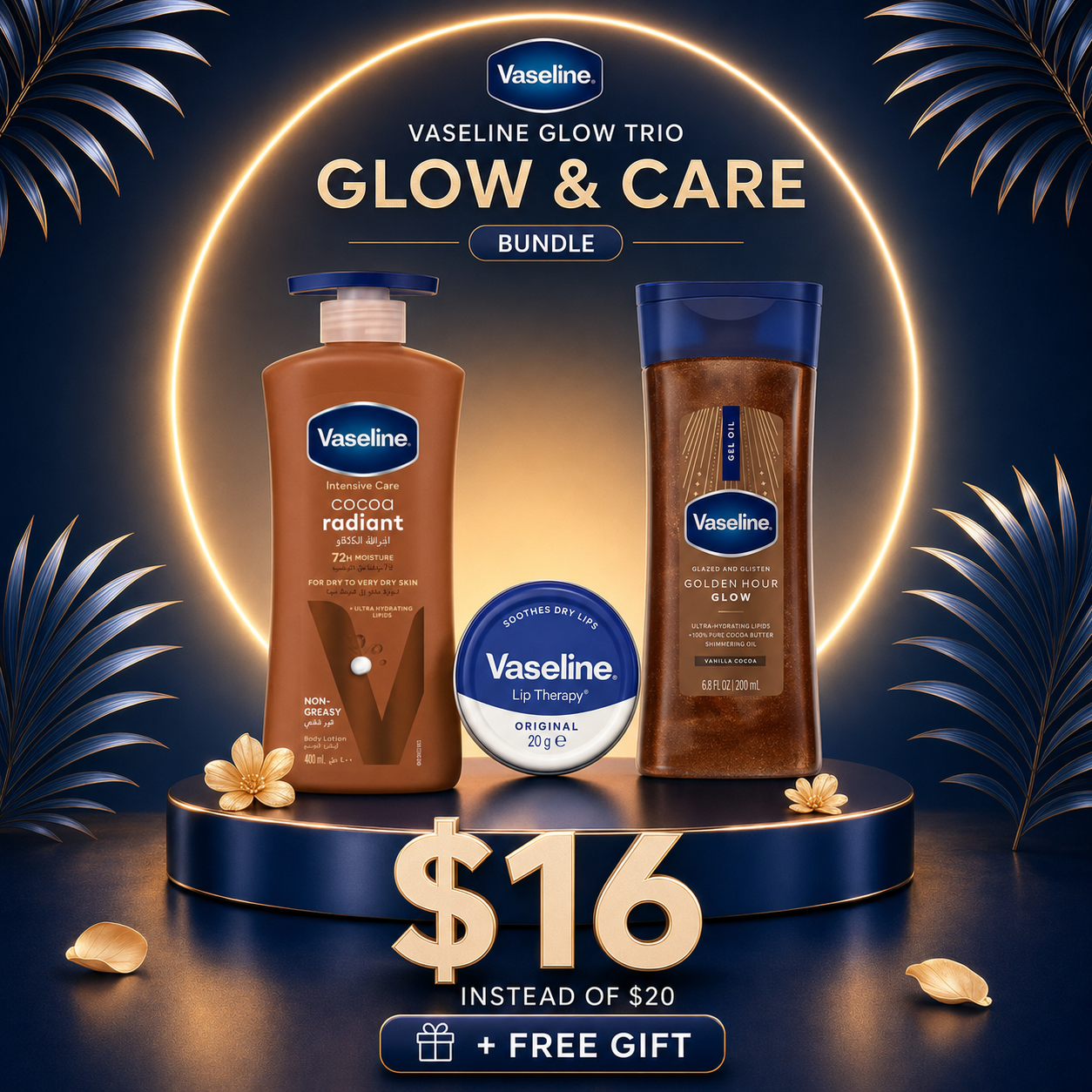 Vaseline Glow & Care Bundle Set (Cocoa Body Lotion 400ml + Lip Balm + Glazed Shimmer Body oil