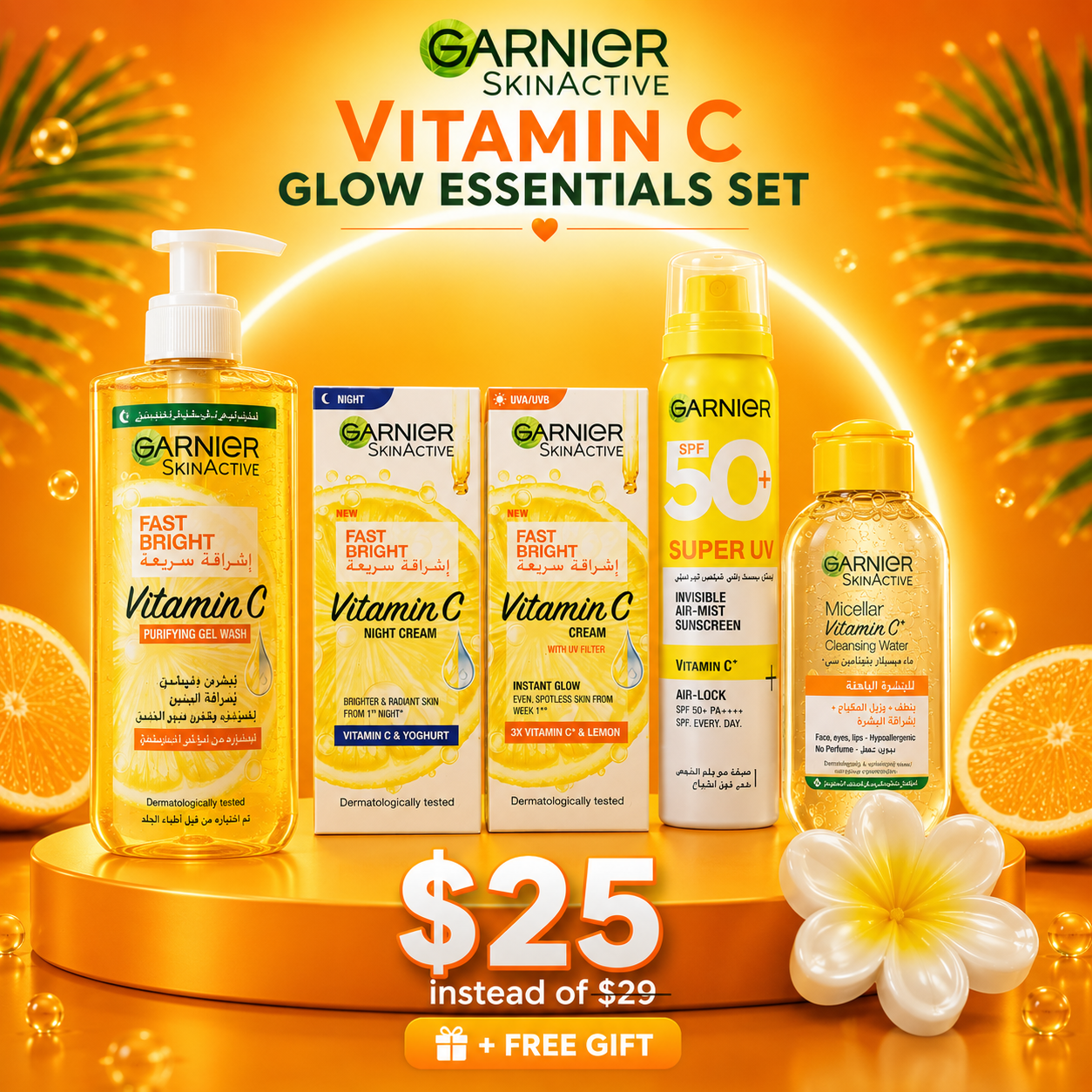 Garnier Fast Bright Ultimate Brightening Regimen – Day & Night Creams, Sunscreen Mist, Micellar Water & Free Gift Set