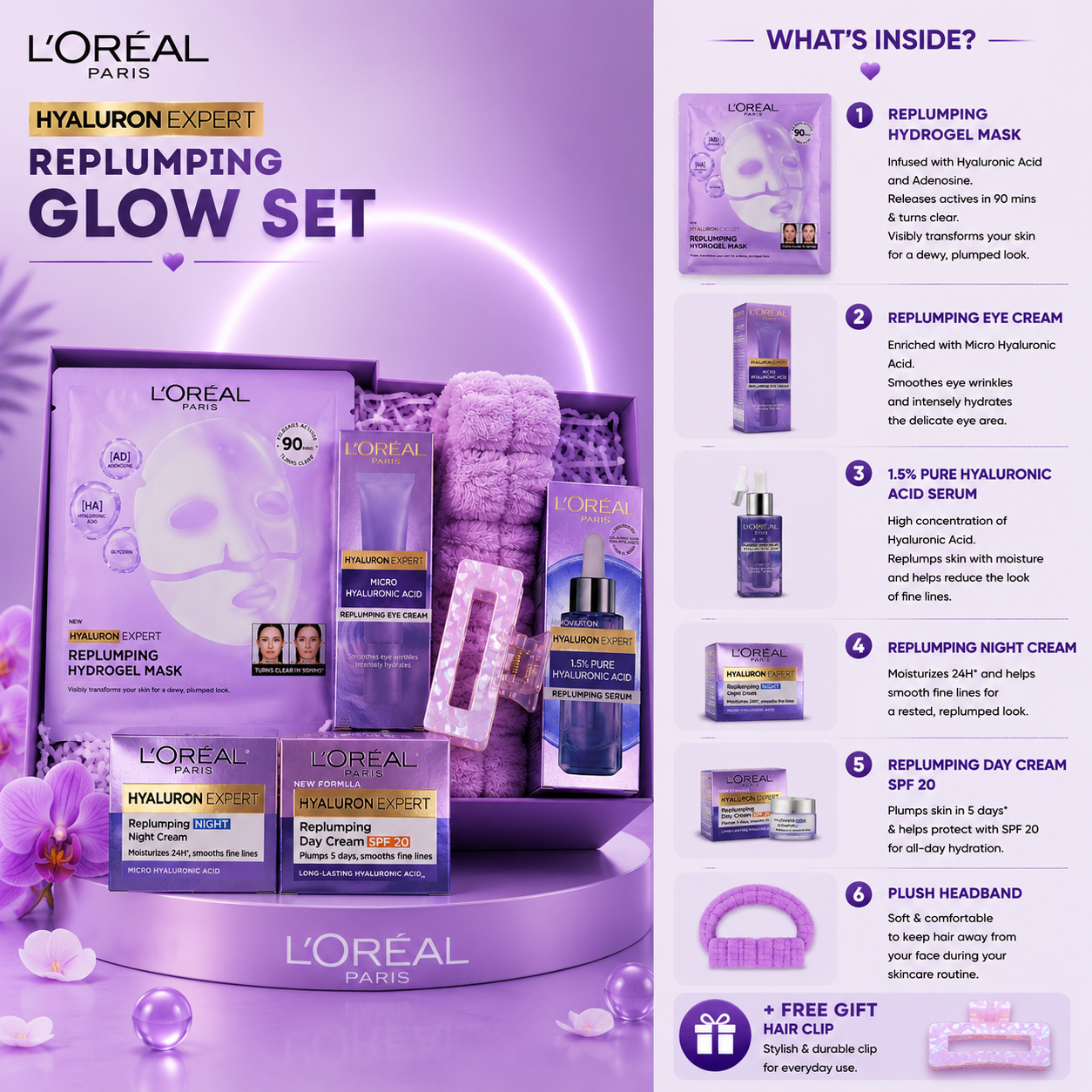 L'Oréal Paris Hyaluron Expert Complete Day & Night Hydration Bundle – Anti-Aging Regimen with Day Cream, Night Cream, Replumping Serum, Eye Cream, Sheet Mask & Accessories