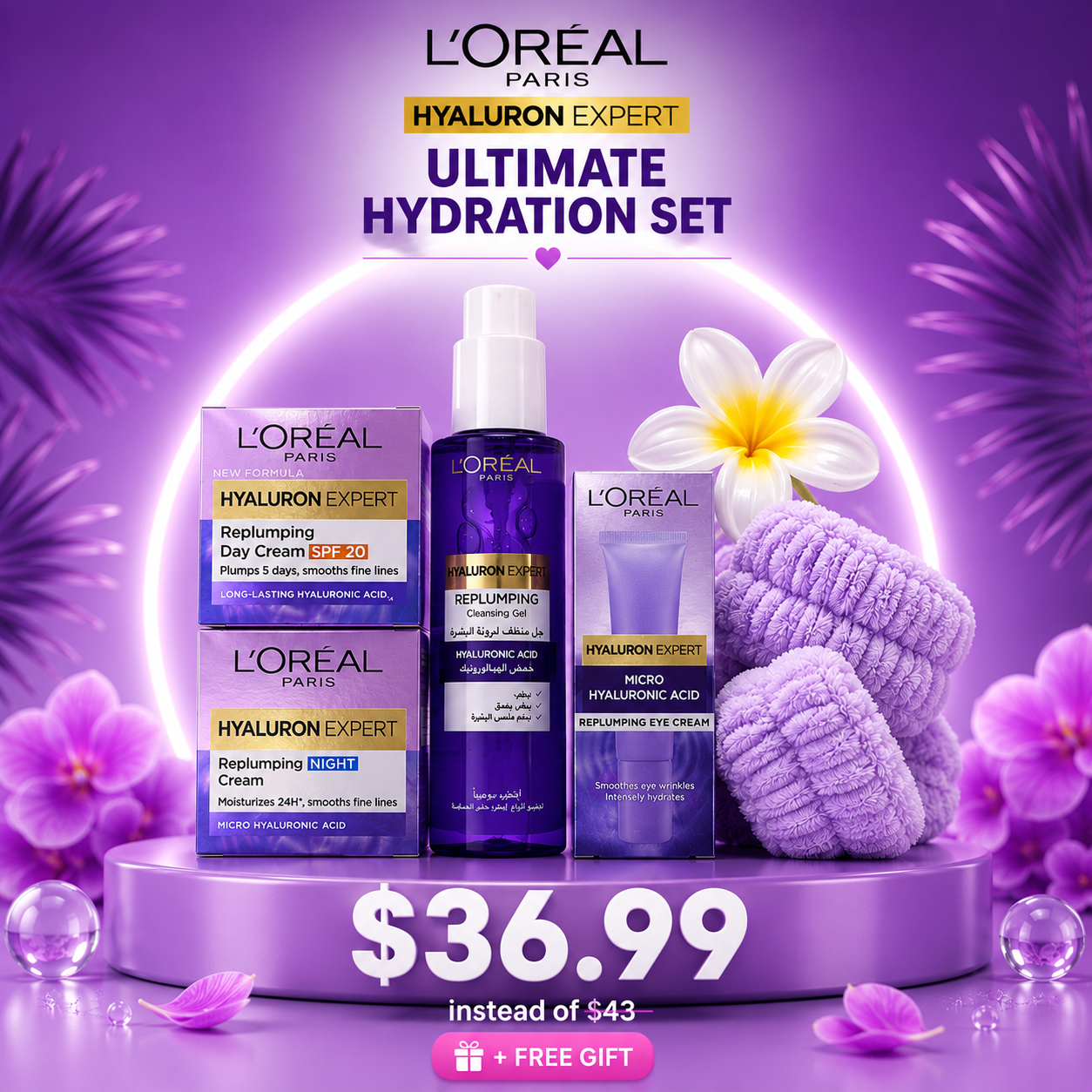 L'Oréal Paris Hyaluron Expert Ultimate Hydration Routine Set with Day & Night Cream, Cleanser, Eye Cream & Free Gift