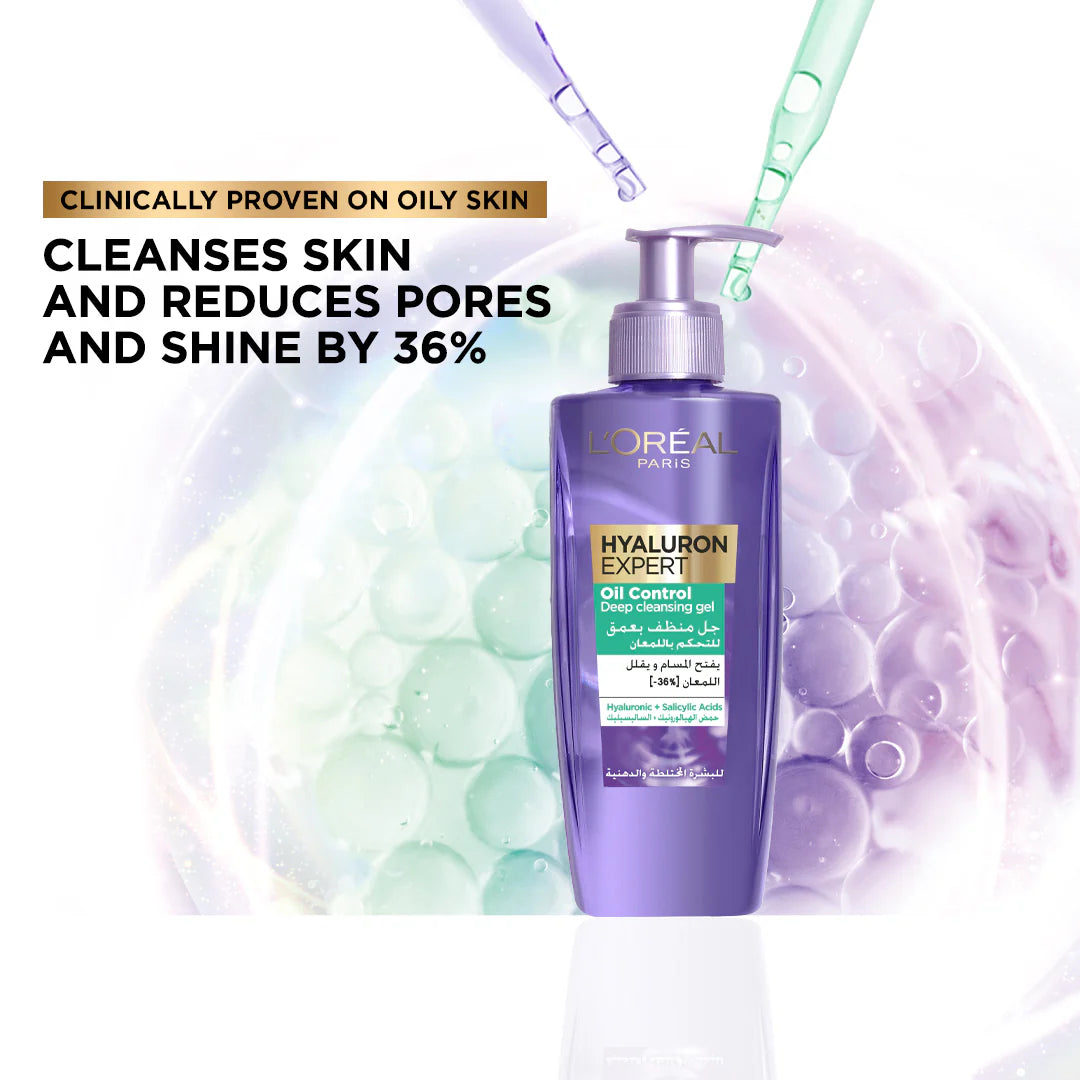 L'Oréal Paris Hyaluron Expert Oil Control Deep Cleansing and Hydrating Gel, With Hyaluronic Acid and Salicylic Acid, for Combination to Oily Skin - 200ml