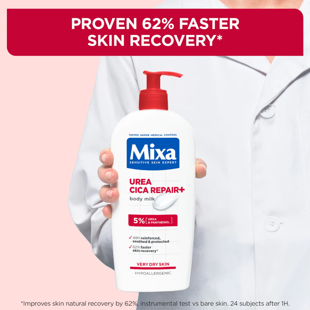 Mixa Urea Cica Repair+ Body Lotion For Keratosis Pilaris, Dry, Flaky, Strawberry, Rough, & Fragile Skin & Tiny Reddish Bumps 400 ml