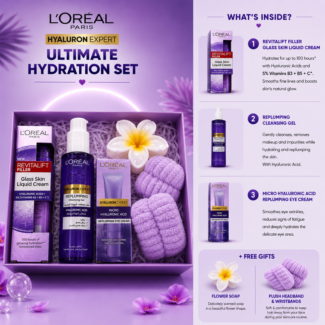 L'Oréal Paris Hyaluronic Acid Glow & Anti-Aging Kit – Full Face Routine with Glass Skin Liquid Cream, Cleansing Gel, Eye Cream & Free Spa Gift Set