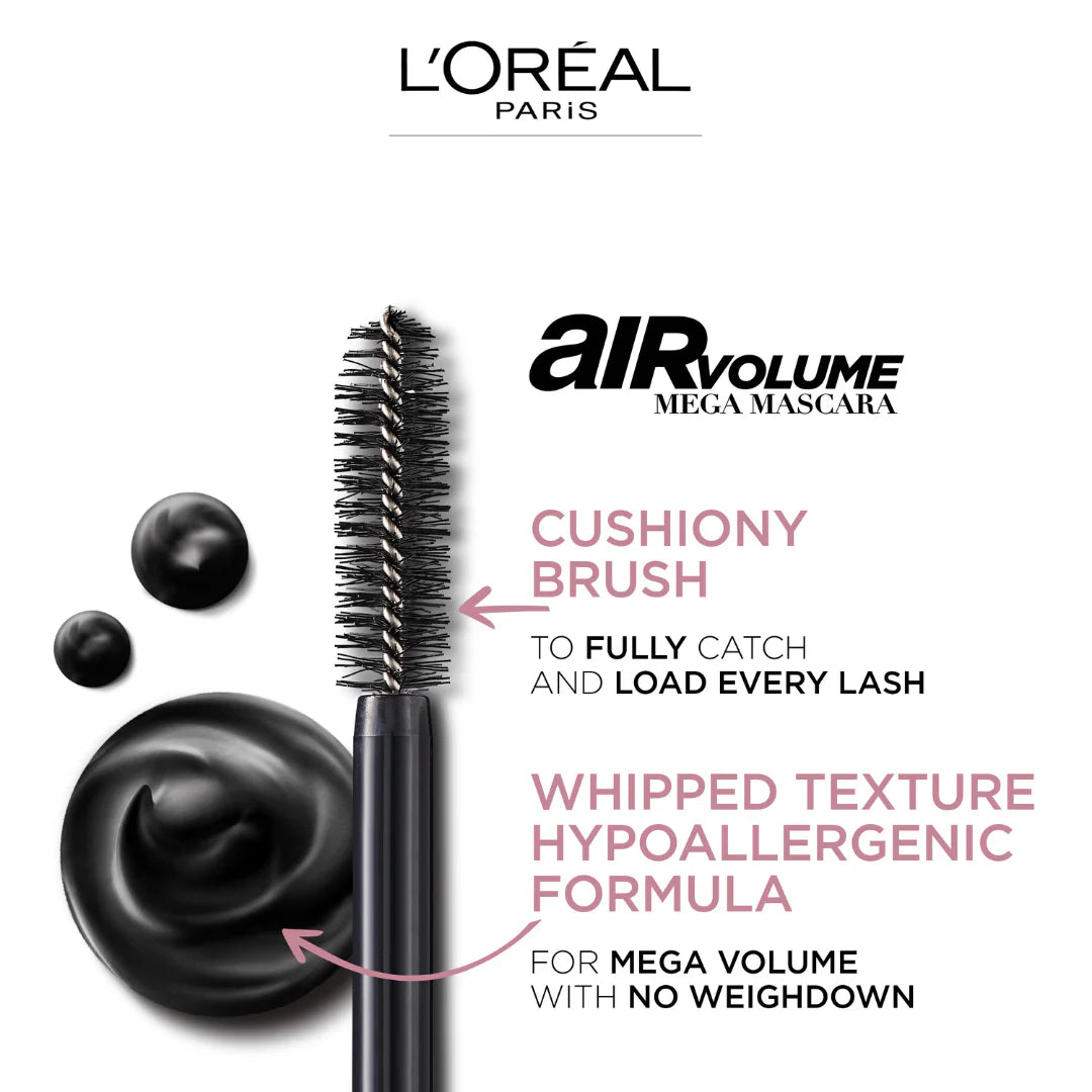 L’Oréal Paris Air Volume Mega Mascara Washable Air Whipped Formula Lasting Up To 24h- Lightweight