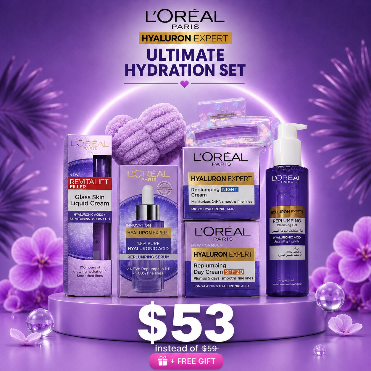 L'Oréal Paris Ultimate Hydration & Plumping Value Kit – Complete Regimen with Revitalift Filler Liquid Cream, Hyaluron Expert Serum, Creams, Cleanser & Free Gift