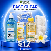 Garnier SkinActive Fast Clear Glow & Clean Skincare Bundle featuring Anti-Acne Cleanser, Vitamin C Cream, Micellar Water, and Free Accessories