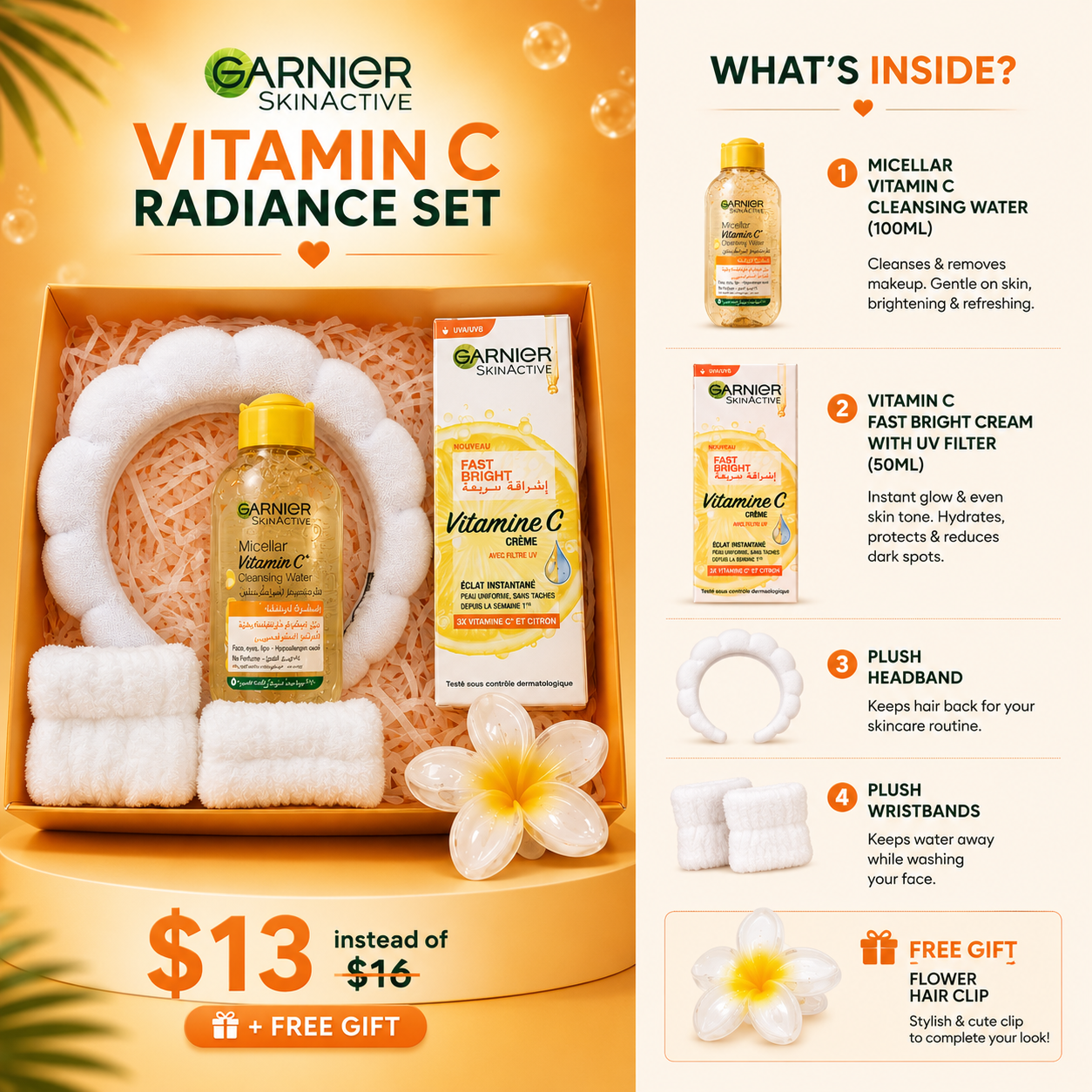 Garnier Fast Bright Ultimate Skincare Collection – Vitamin C Cream, Cleansing Water & 4-Piece Spa Gift Set