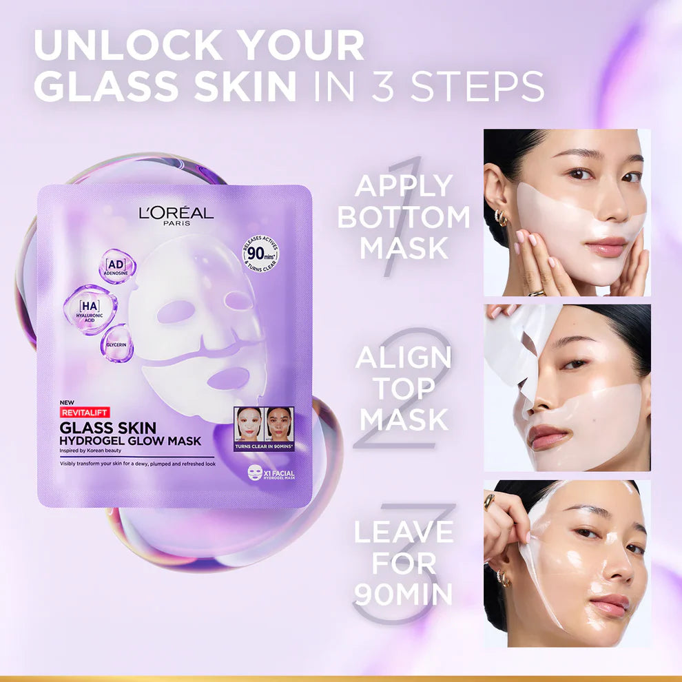 L'Oréal Paris Revitalift Glass Skin Hydrogel Glow Mask, Transform Your Skin For A Dewy, Plumped, Glass Skin In Only 90 Minutes