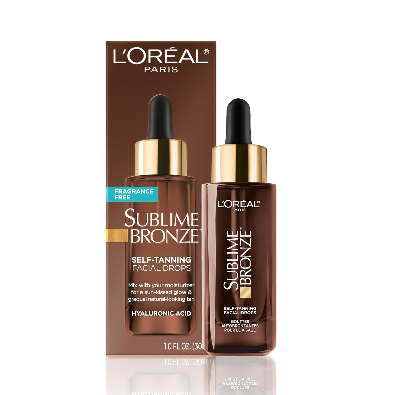 L'Oreal Paris Sublime Bronze Self Tanning Facial Drops with Hyaluronic Acid, Gradual Tan, Fragrance-Free