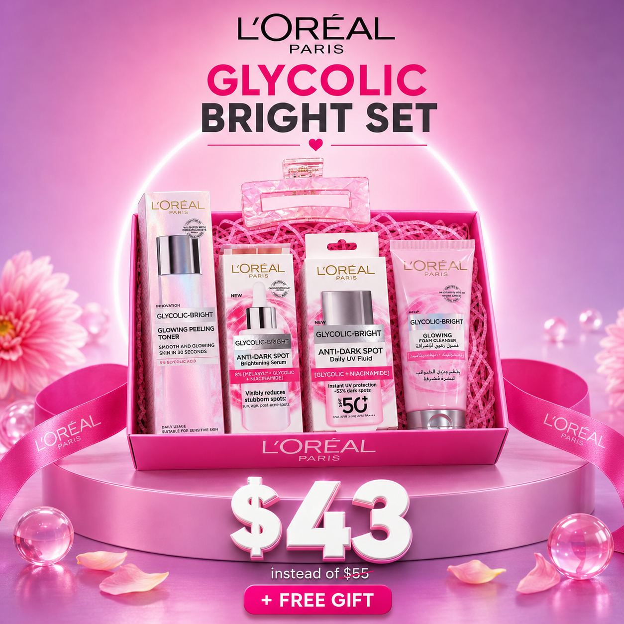L'Oréal Paris Glycolic Bright Complete Skincare Set with Peeling Toner, Anti-Dark Spot Serum, Daily UV Fluid SPF 50+, Cleanser & Free Gift