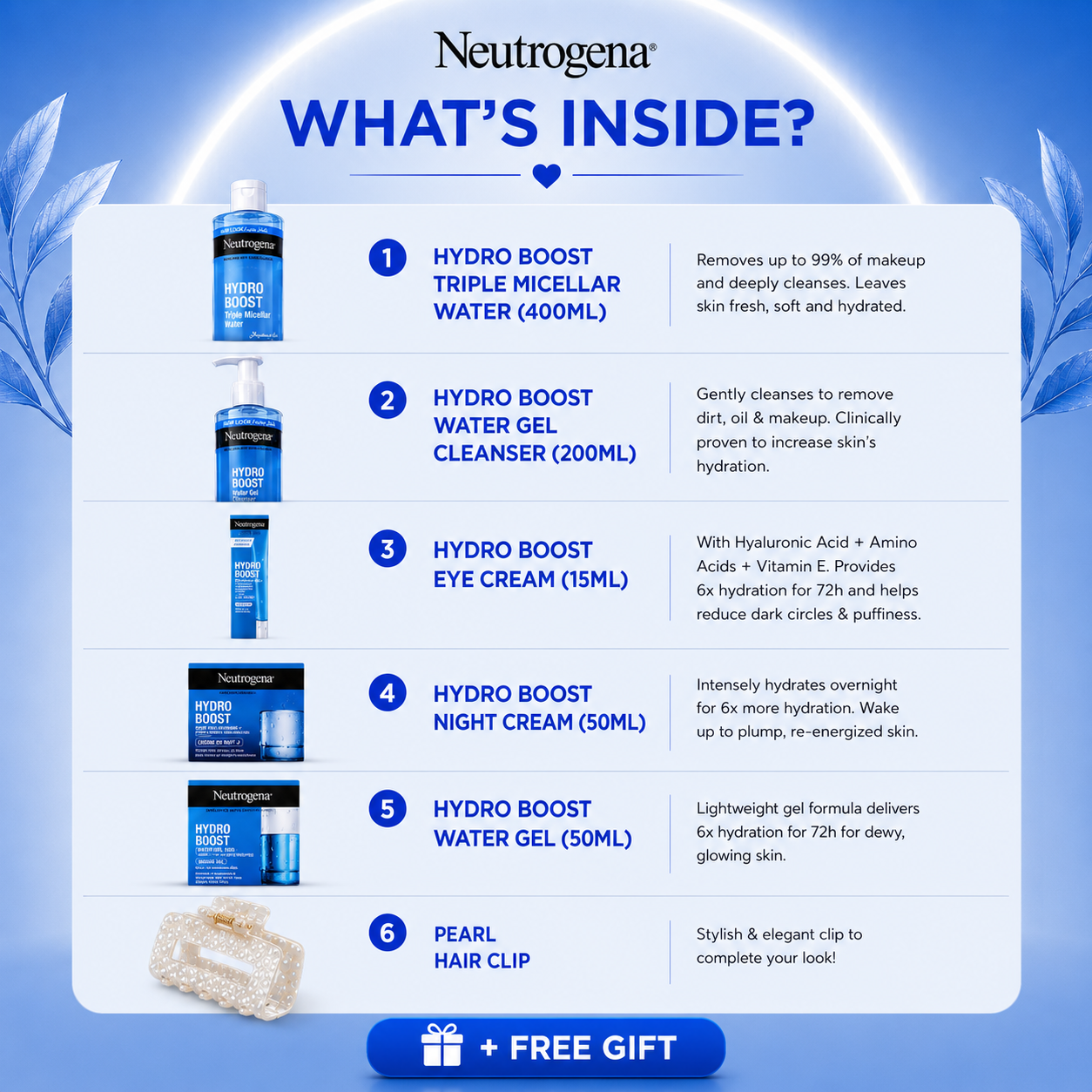 Neutrogena Hydro Boost Daily Moisture Bundle – Cleanser, Micellar Water, Facial Gel, Eye Cream & Accessories
