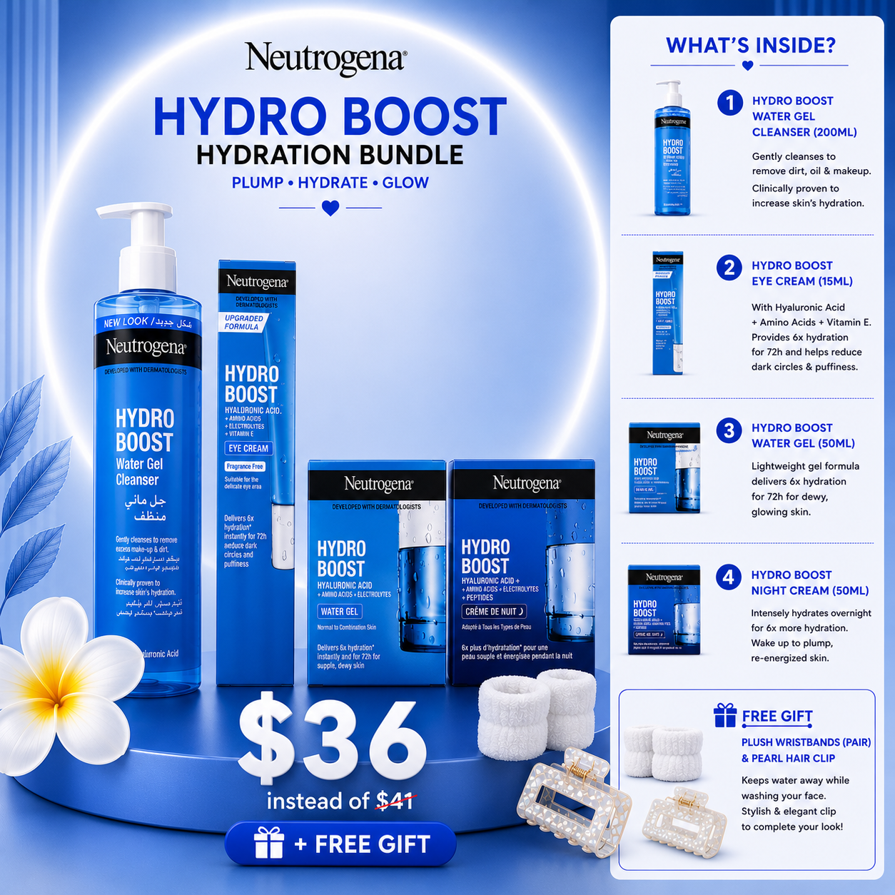 Neutrogena Hydro Boost Skincare Kit – Water Gel Cleanser, Hyaluronic Acid Water Gel, Night Cream, Eye Cream & Gift