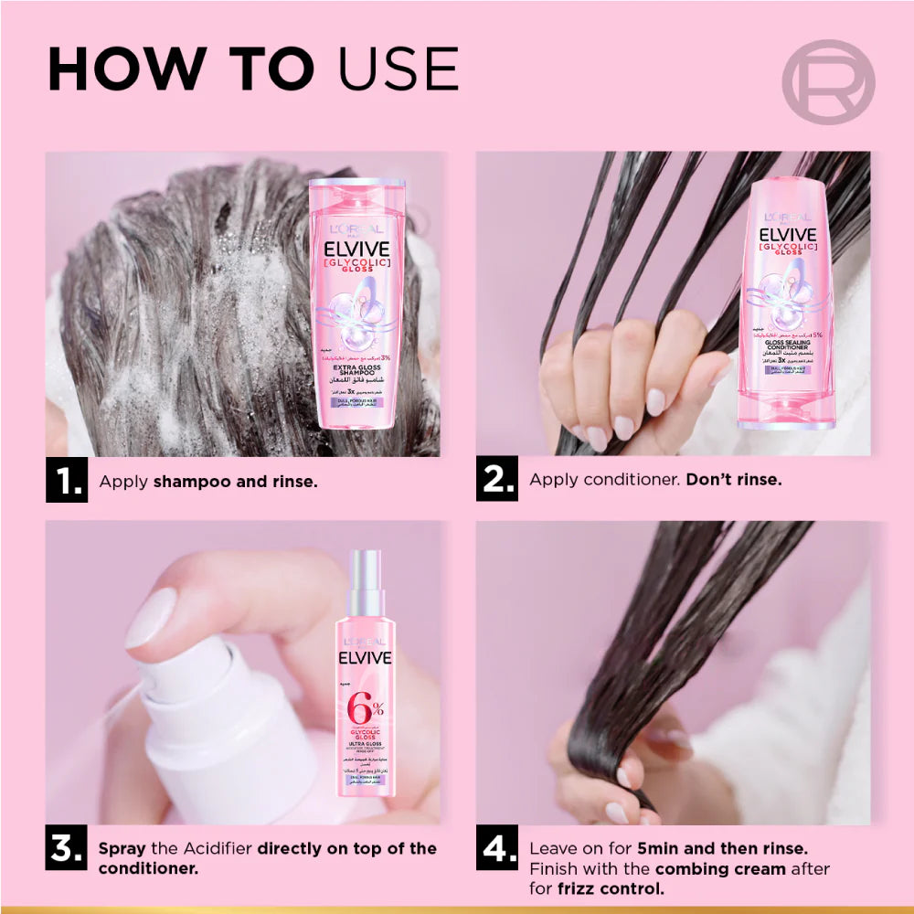 L’Oréal Paris Elvive Glycolic Gloss 5-minute Lamination Rinse-Off, At-home glossing Acidifier treatment, 6% [Gloss Complex] with Glycolic Acid, For Dull Hair, 200ml