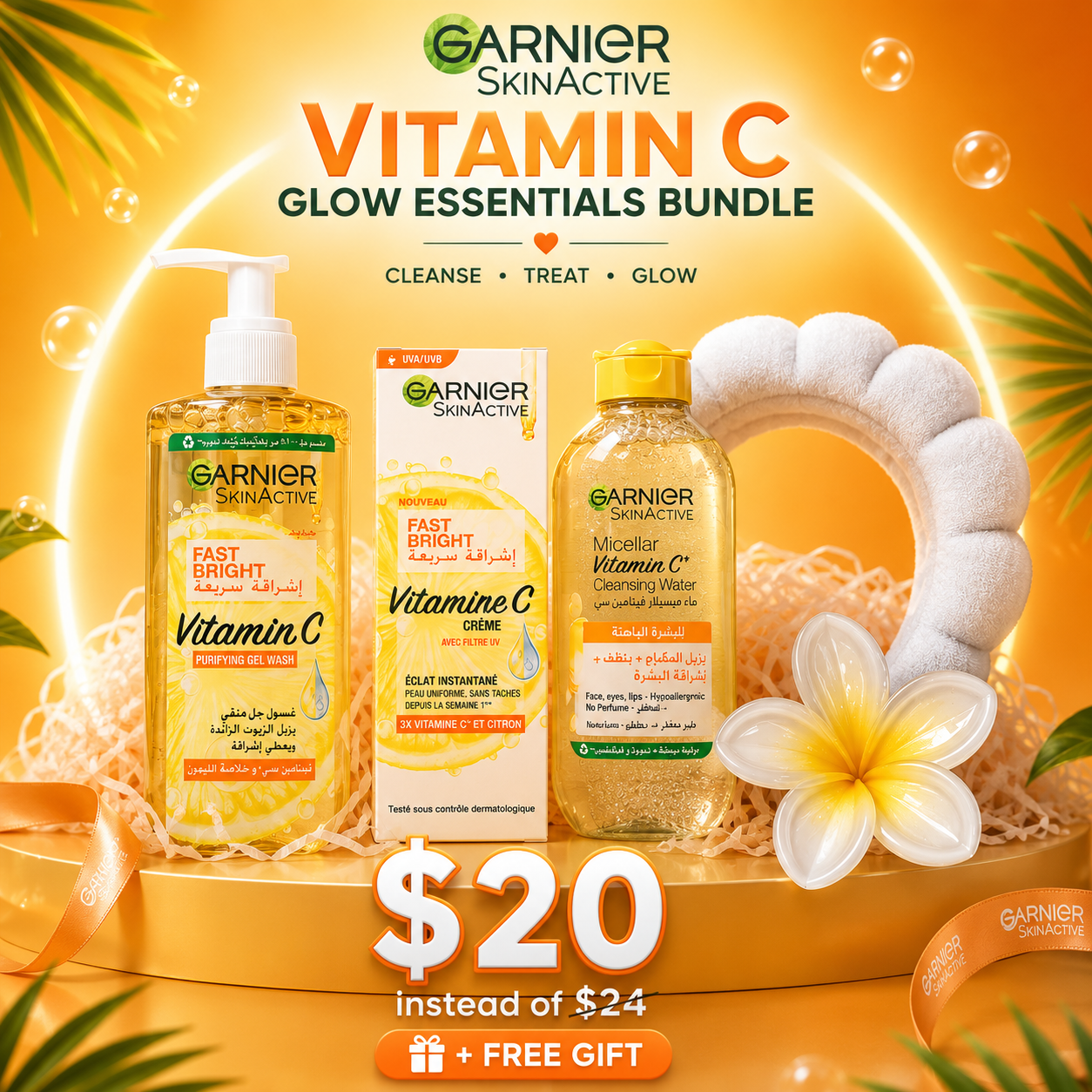 Garnier Fast Bright Daily Glow Bundle – Vitamin C Cleanser, Day Cream, Micellar Water & Luxury Spa Accessory Gift Kit
