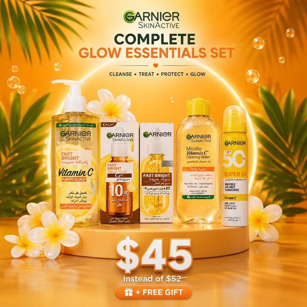 Garnier Fast Bright Complete Skincare Collection – Vitamin C Wash, Night & Booster Serums, Sunscreen Mist, Cleansing Water & Free Gift Set
