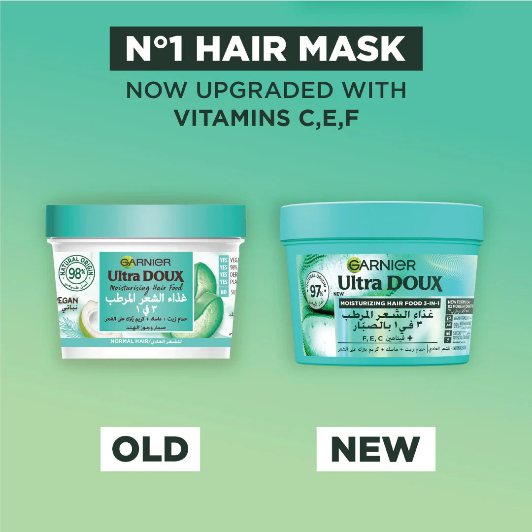 Garnier Ultra Doux Aloe Vera Vegan Hair Food 3in1 Mask For Dehydrated Hair, Boosted With Vitamins C, E & F