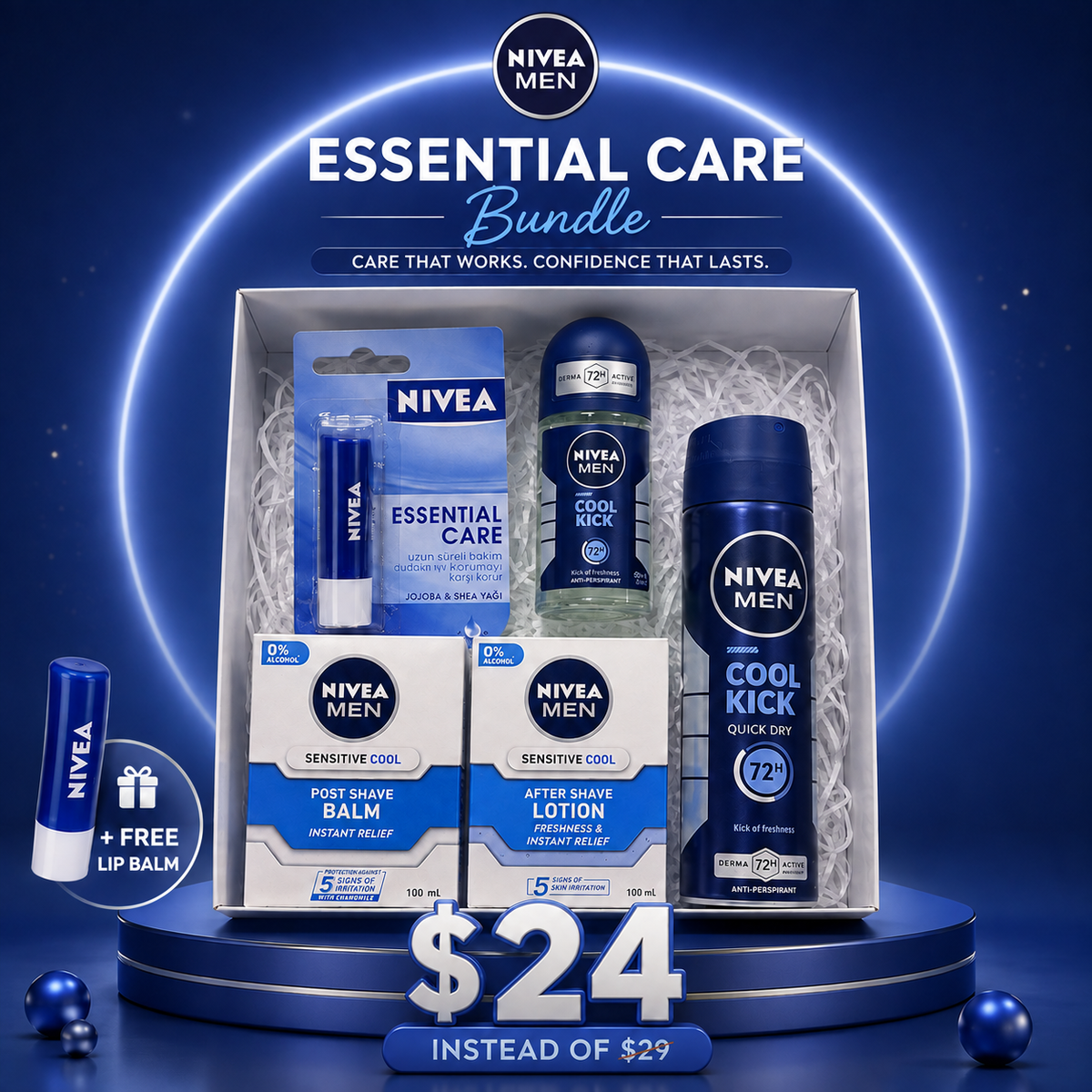 NIVEVA MEN Essential Care Bundle: Complete 5-Piece Grooming Kit with Free Lip Balm ($24)